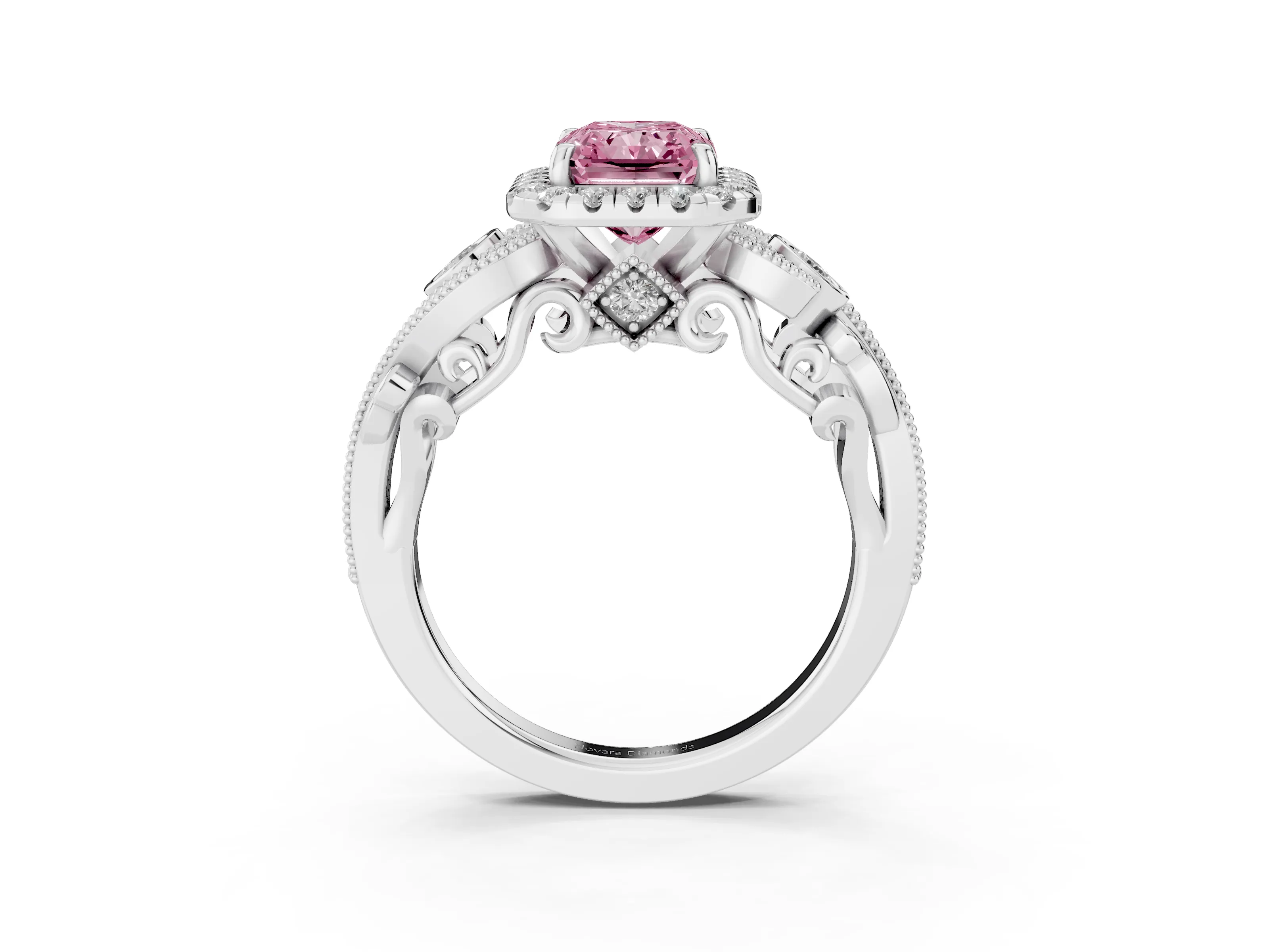 Fancy Pink Radiant Cut Diamond Halo Ring Set in Platinum with Milgrain Pavé Band and Prong Setting