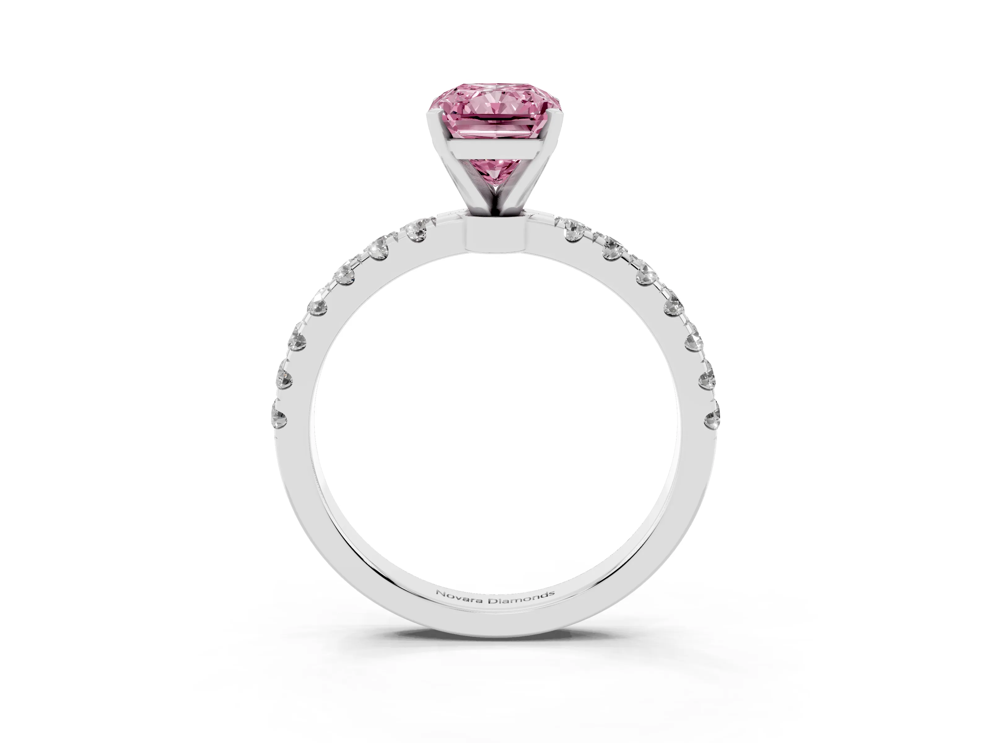 Fancy Pink Radiant Cut Diamond Solitaire Ring Set in Silver with Pavé Accents and Prong Setting