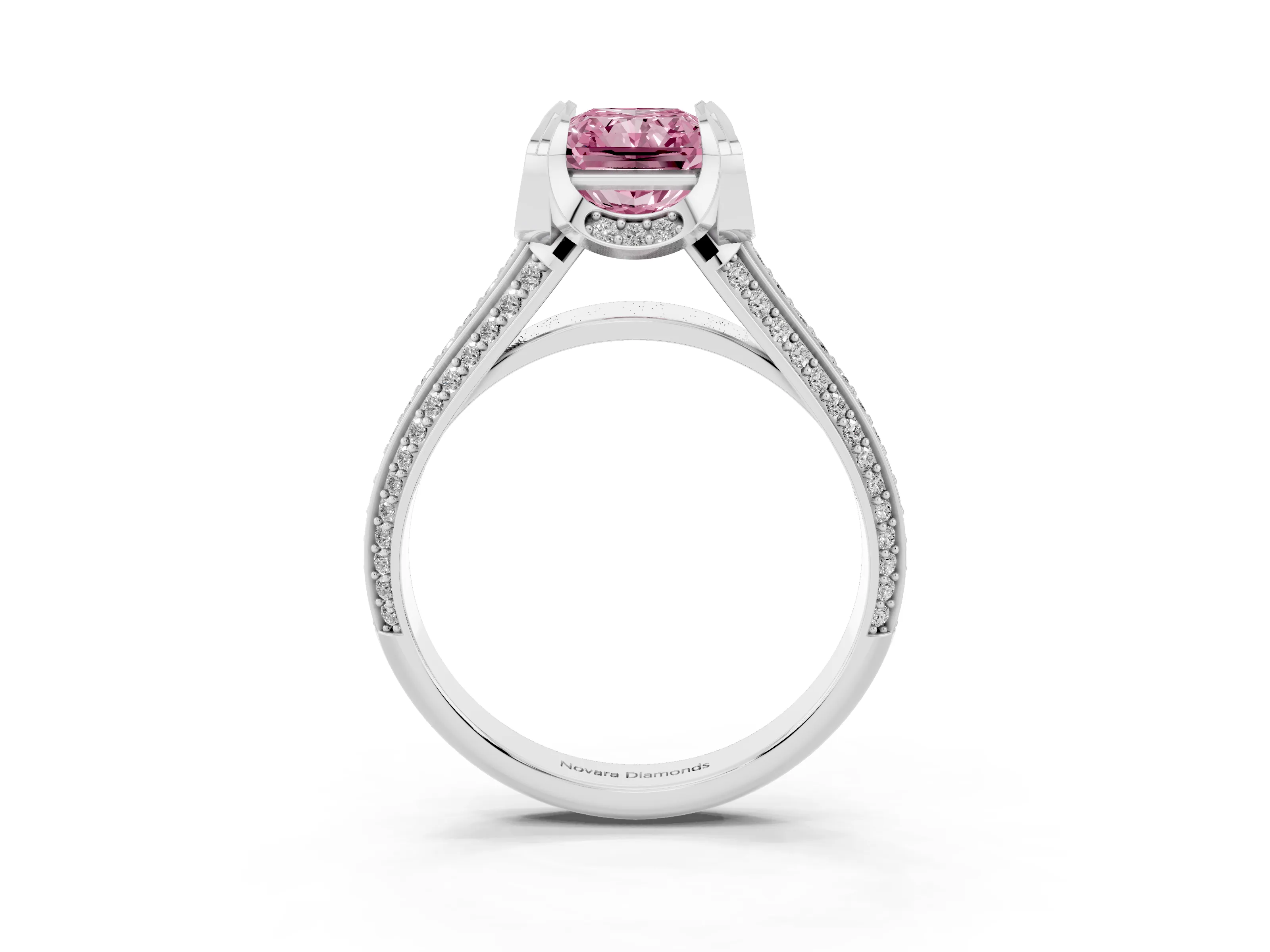 Fancy Pink Radiant Cut Diamond Pavé Split Shank Solitaire Ring Set in Silver with Prong Setting