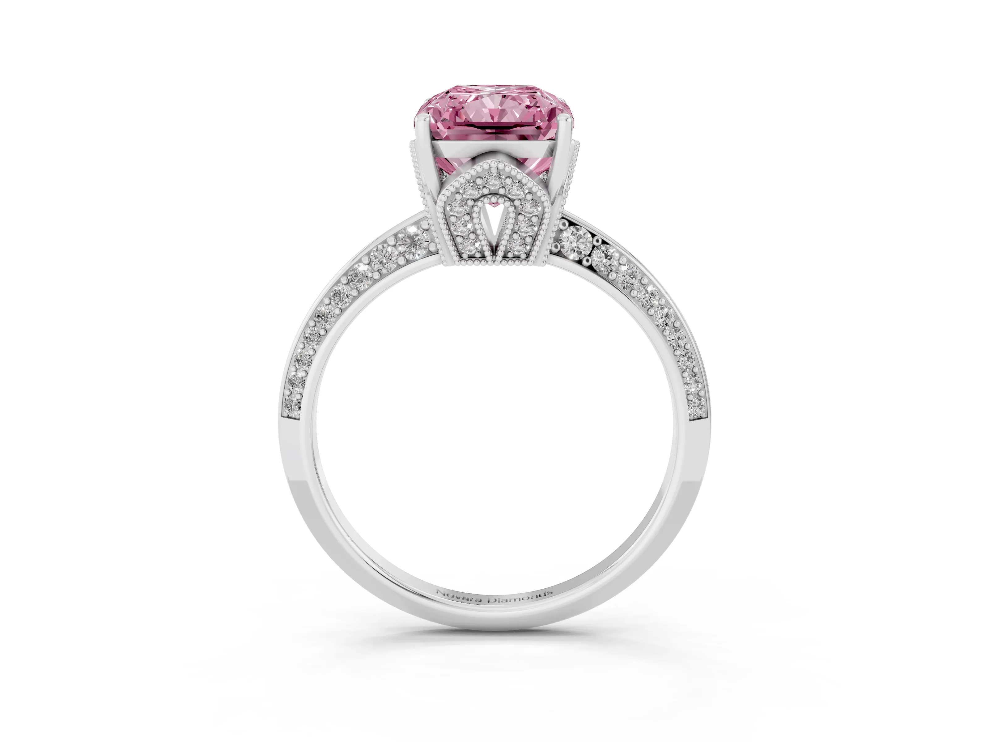 Fancy Pink Radiant Cut Diamond Solitaire Engagement Ring Set in Silver with Pavé Split Shank and Prong Setting