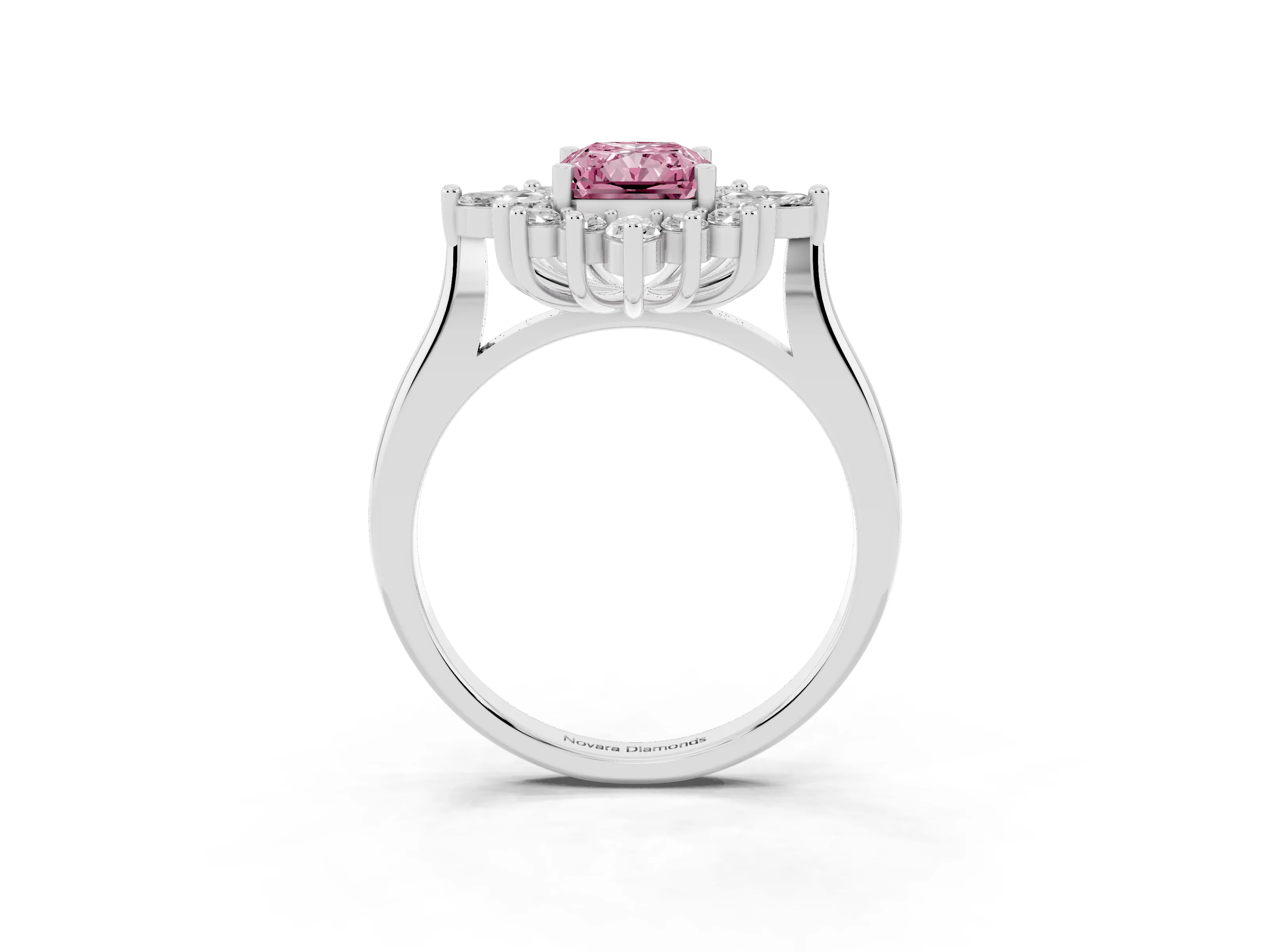 Fancy Pink Radiant Cut Diamond Cluster Halo Ring Set in Platinum with Marquise and Round Accents