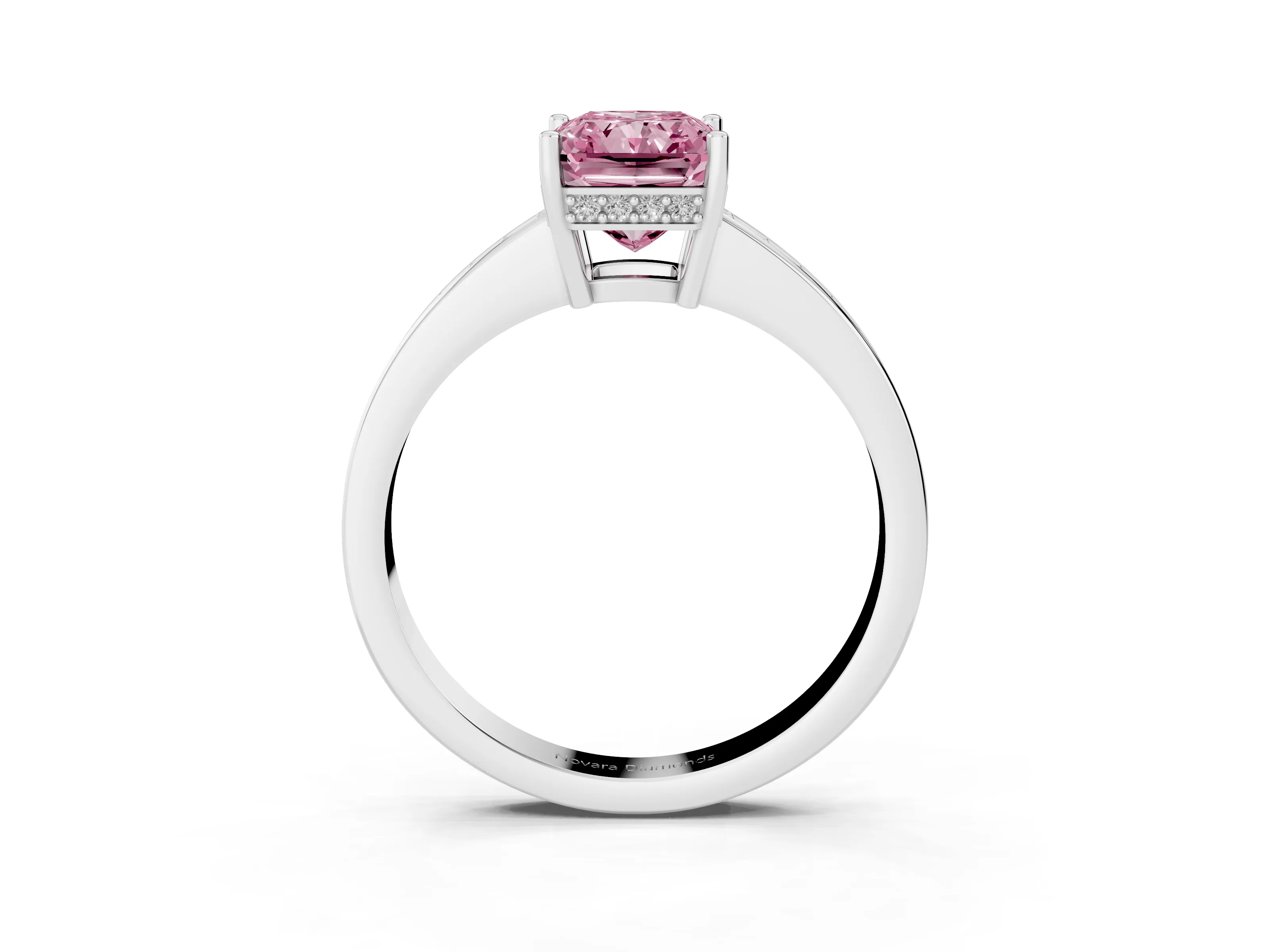 Fancy Pink Radiant Cut Diamond Pavé Band Prong Set Solitaire Ring Set in Silver
