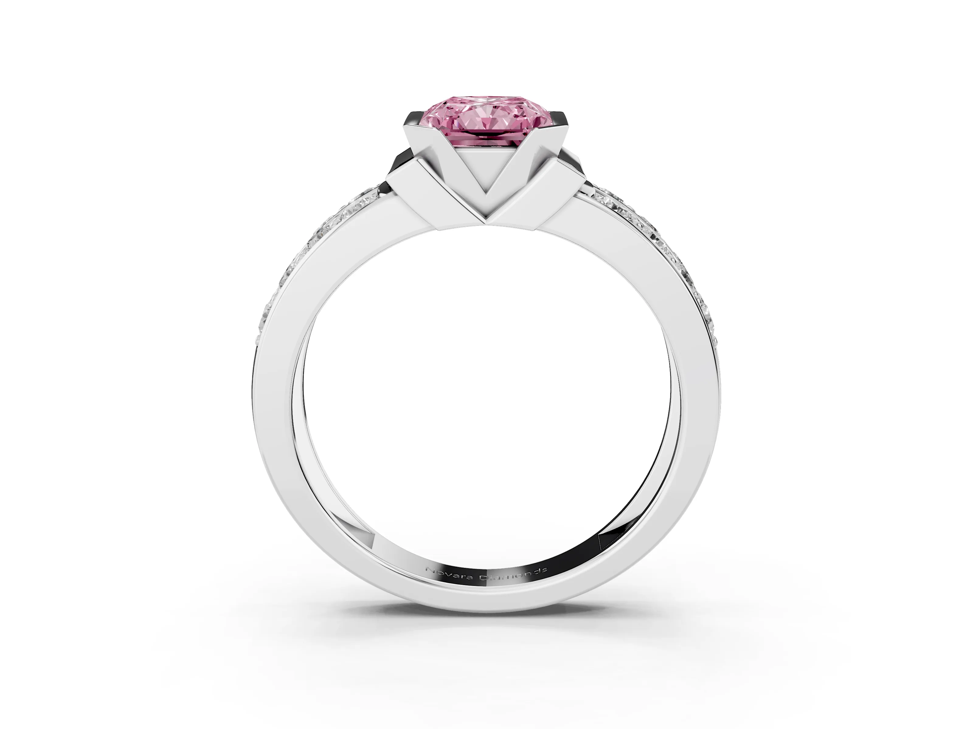 Fancy Pink Radiant Cut Diamond Wide Channel Set Band Ring Set in White gold with Bezel Setting