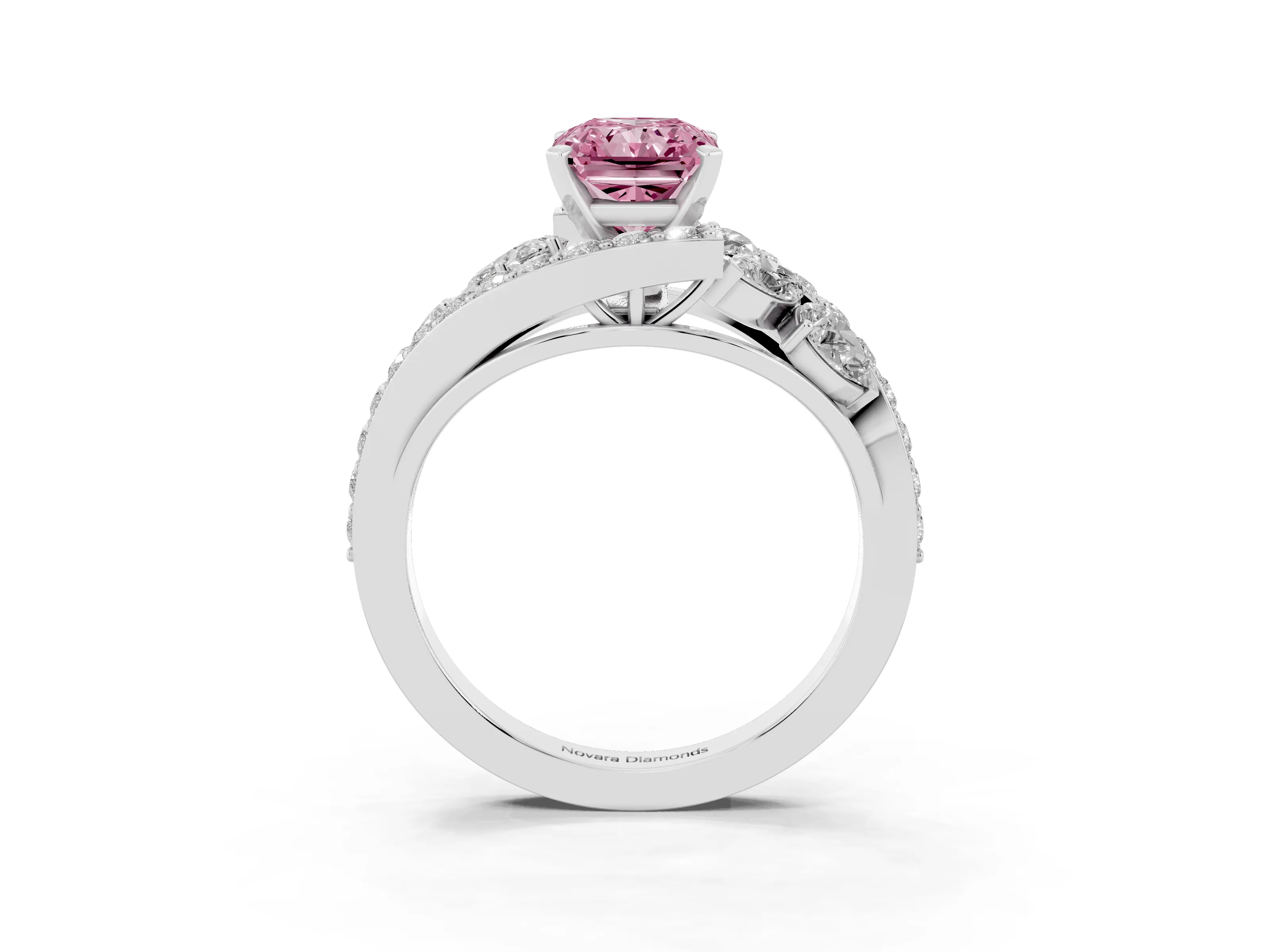 Fancy Pink Radiant Cut Diamond Halo Ring Set in Silver with Marquise and Pavé Band in Prong Setting
