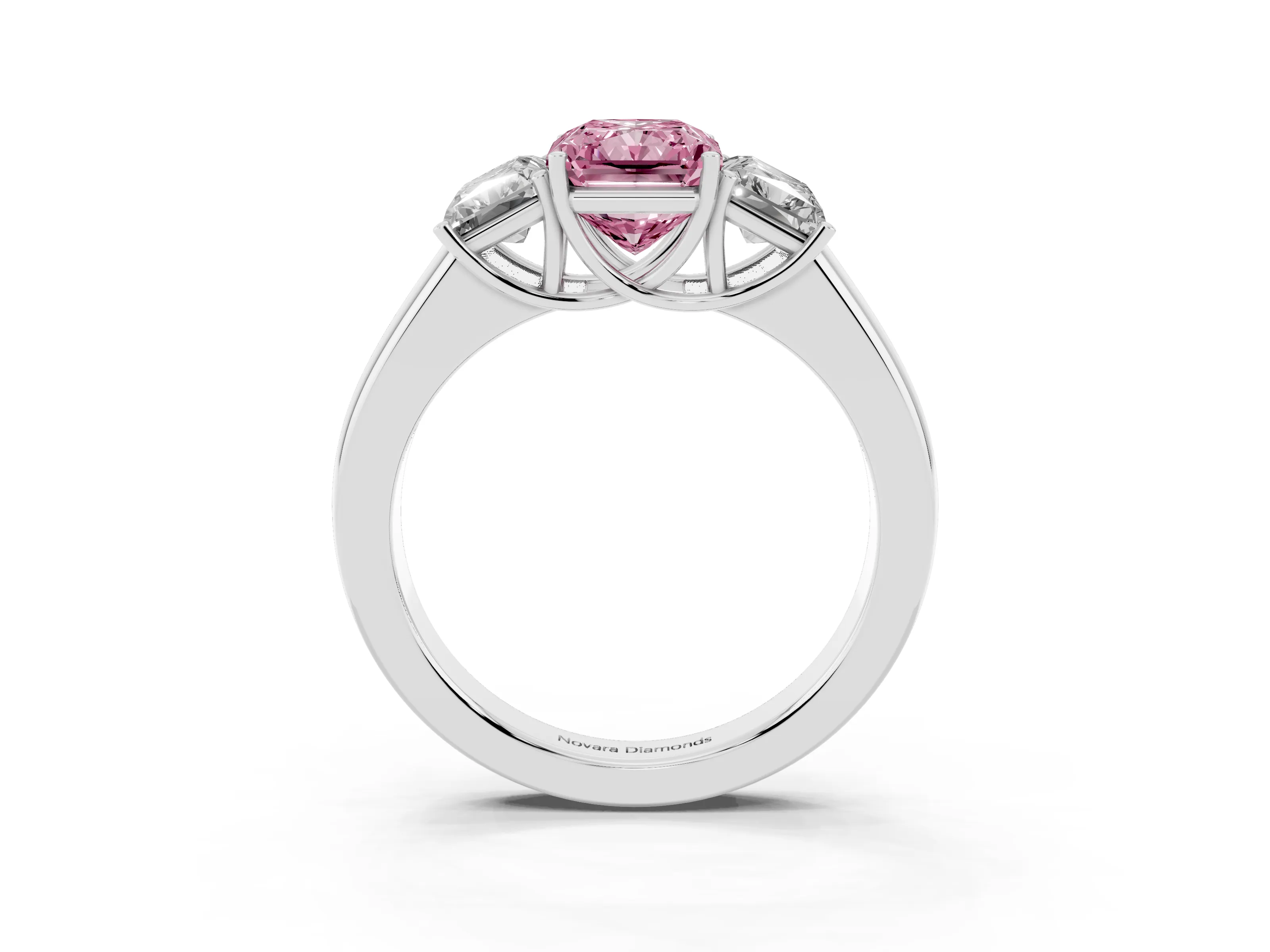 Fancy Pink Three-Stone Radiant Cut Diamond Ring Set in White gold with Matching Prong Settings and Plain Band