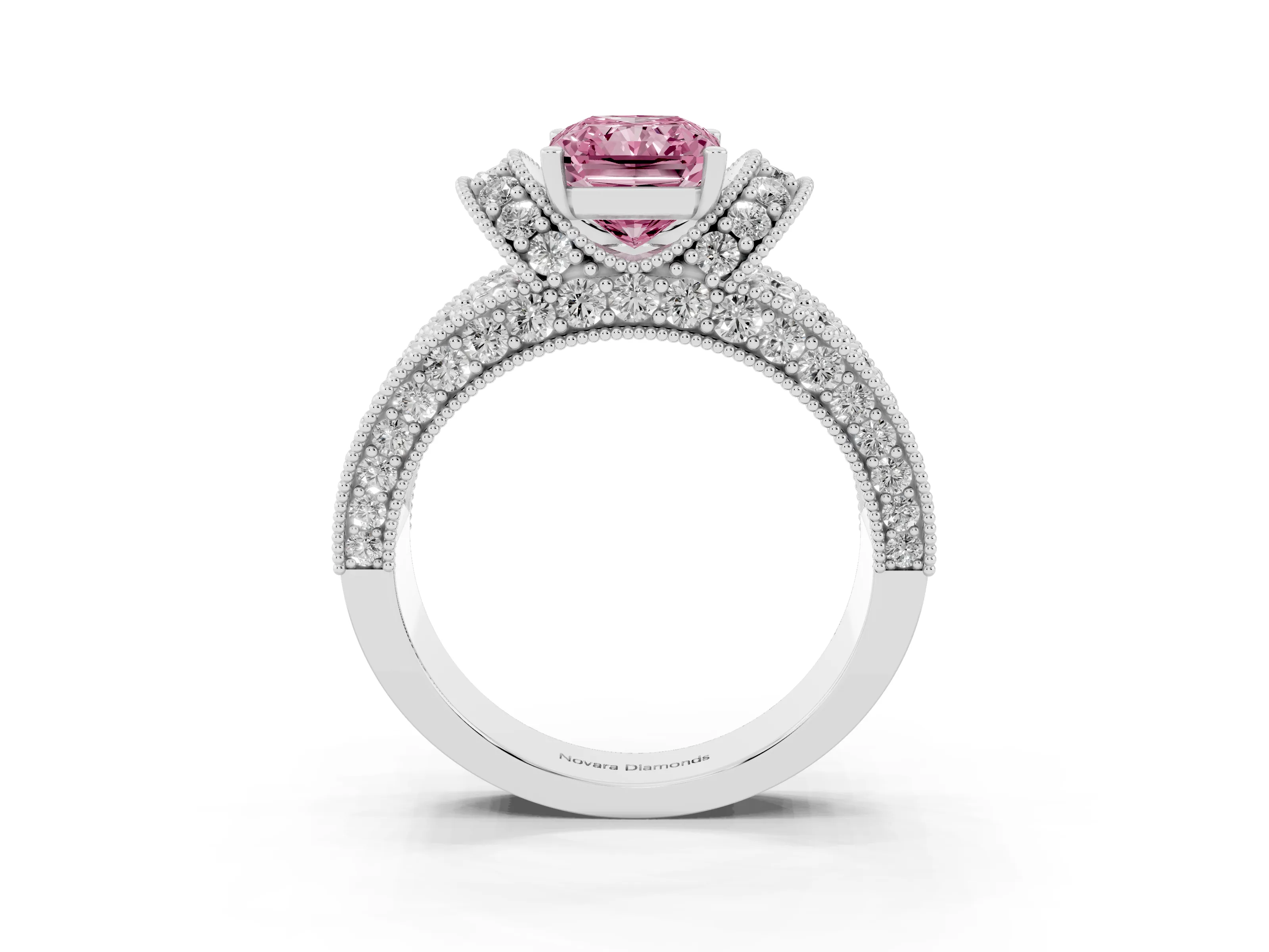 Fancy Pink Radiant Cut Diamond Milgrain Halo Pavé Engagement Ring Set in White gold with Prong Setting