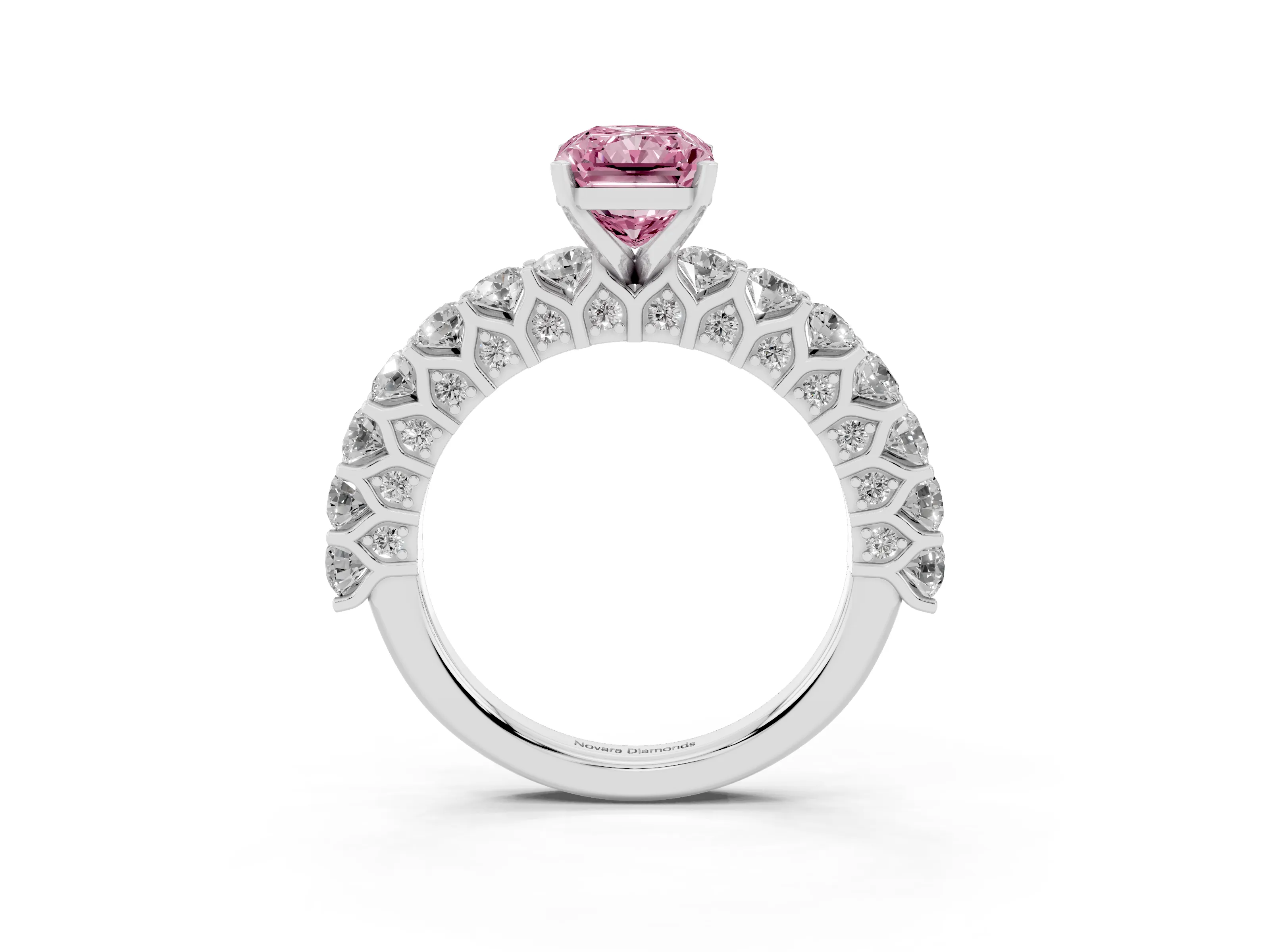 Fancy Pink Radiant Cut Diamond Solitaire Ring Set in Silver with Shared Prong Pavé Band