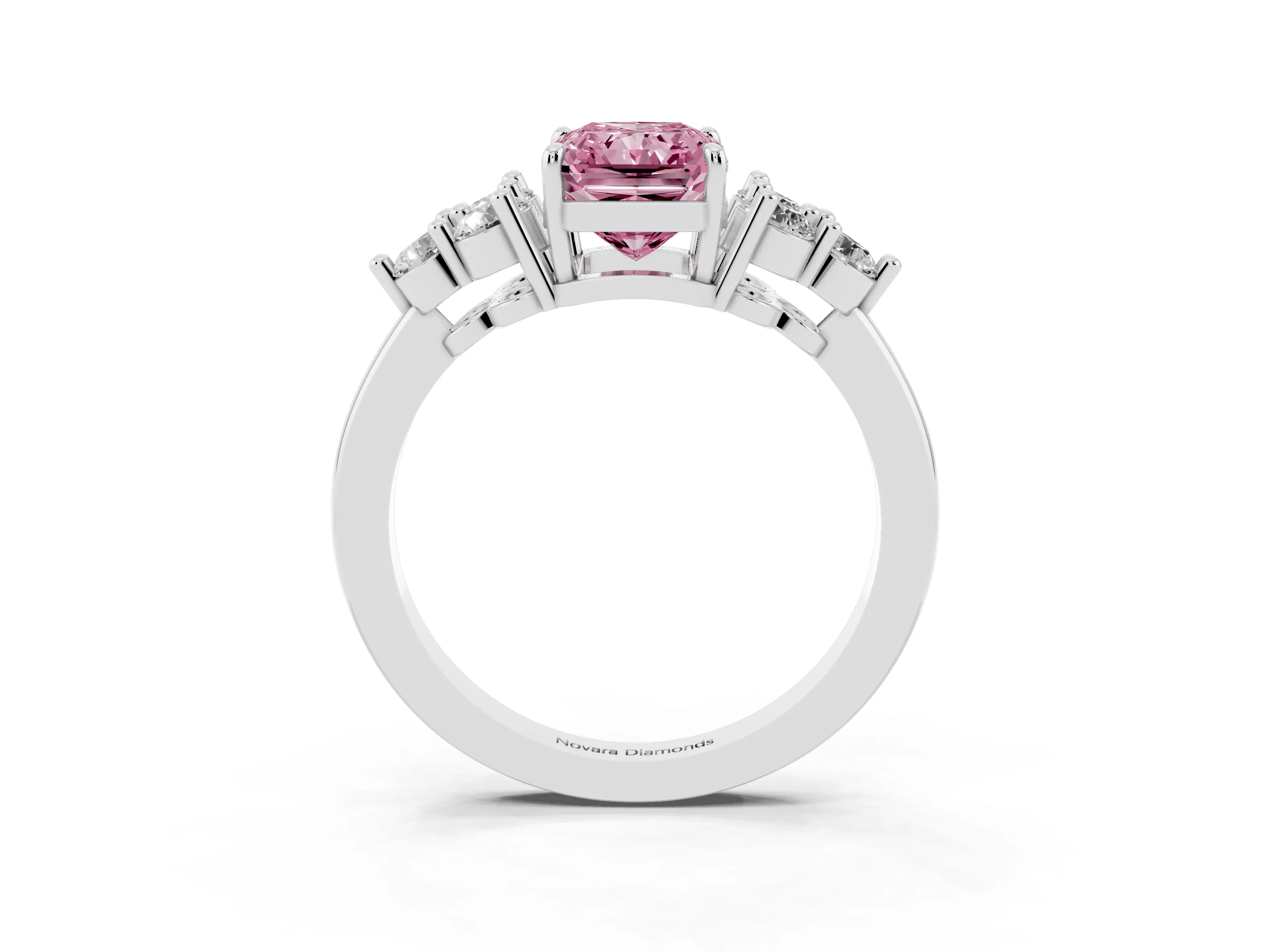 Fancy Pink Radiant Cut Diamond Solitaire Ring Set in White gold with Cluster Accents on Each Side