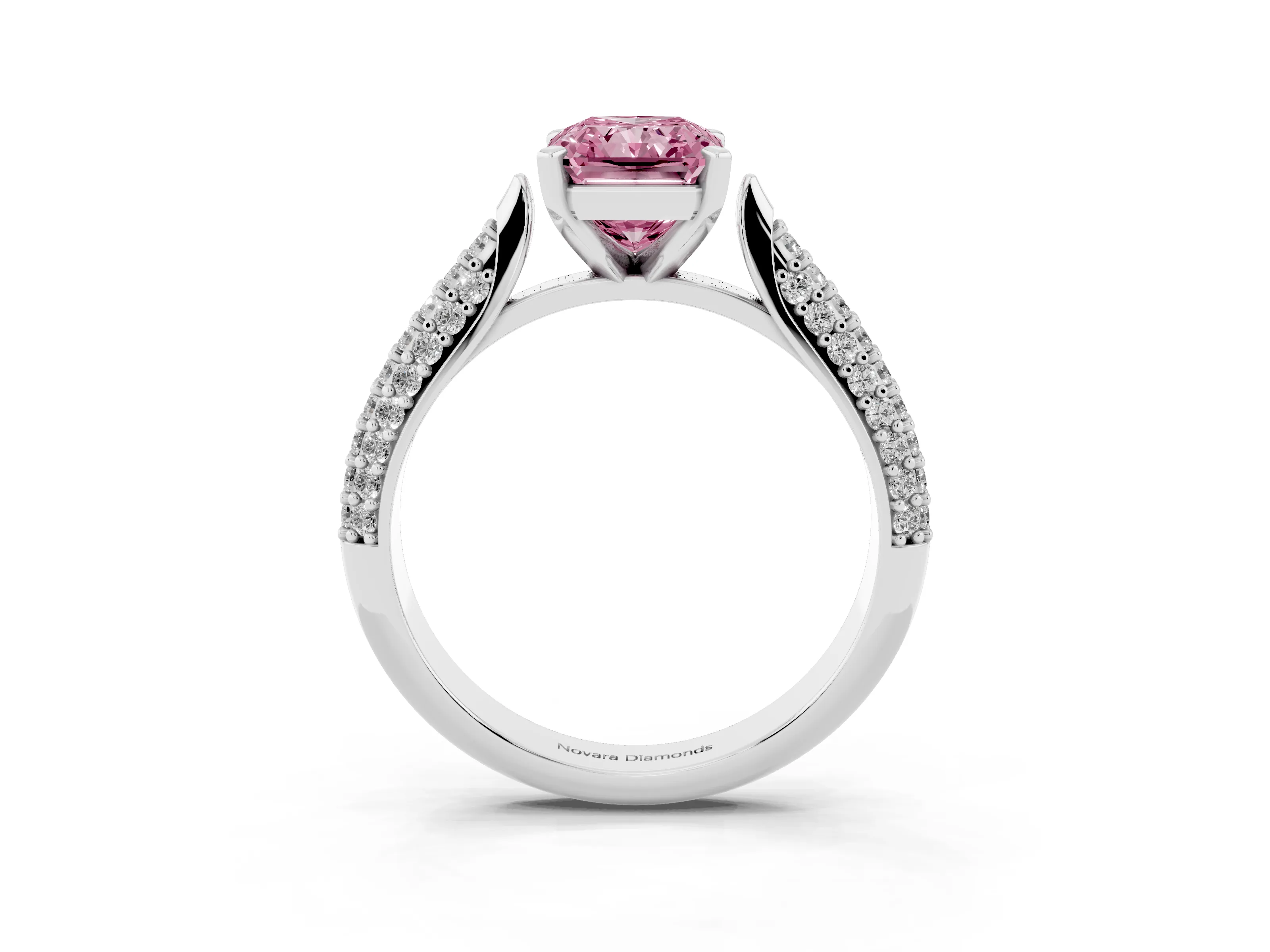 Fancy Pink Radiant Cut Diamond Solitaire Engagement Ring Set in White gold with Multi-Row Round Pavé Band and Prong Setting