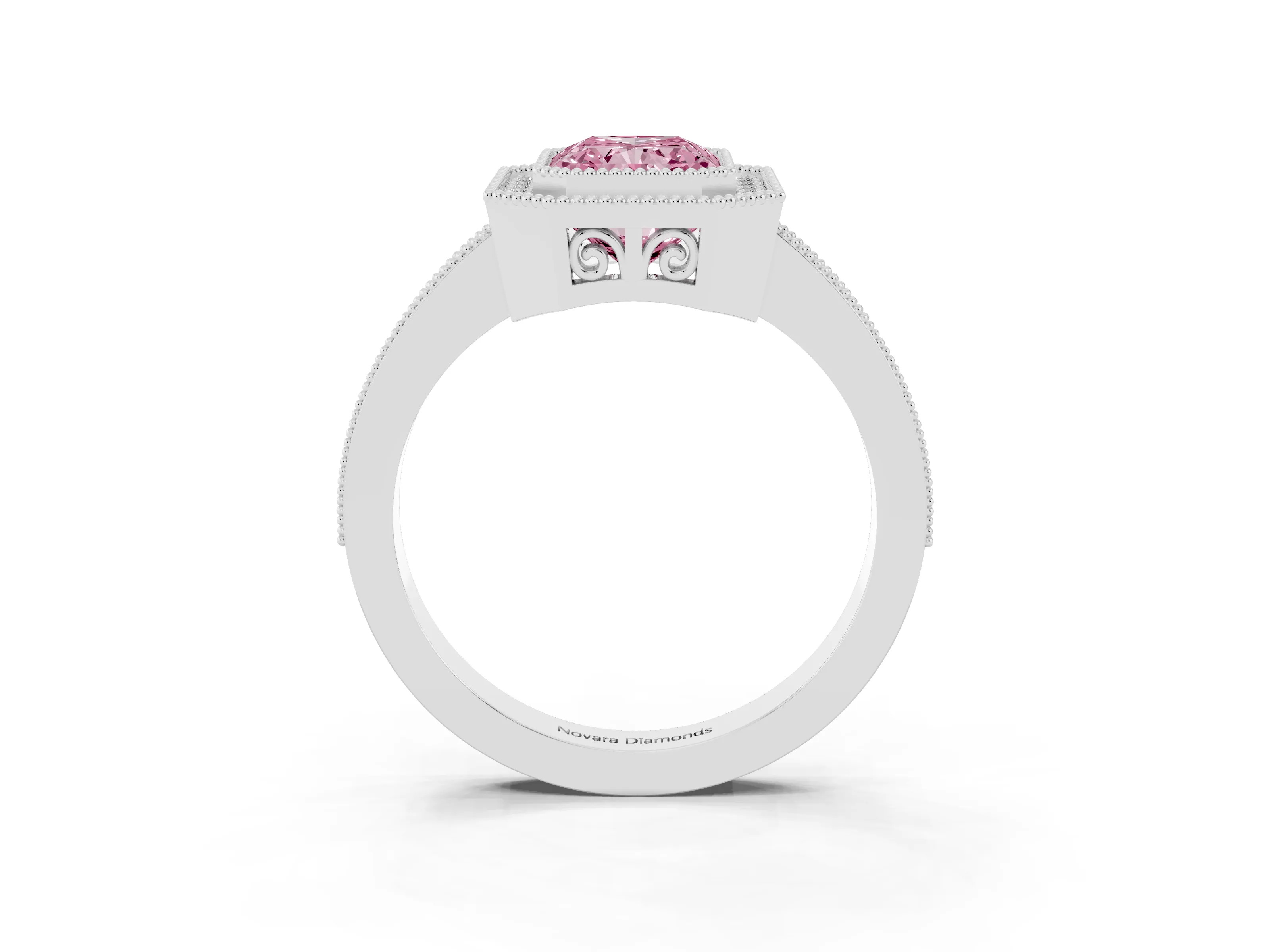 Fancy Pink Radiant Cut Diamond Round Halo Ring Set in White gold with Pavé Band