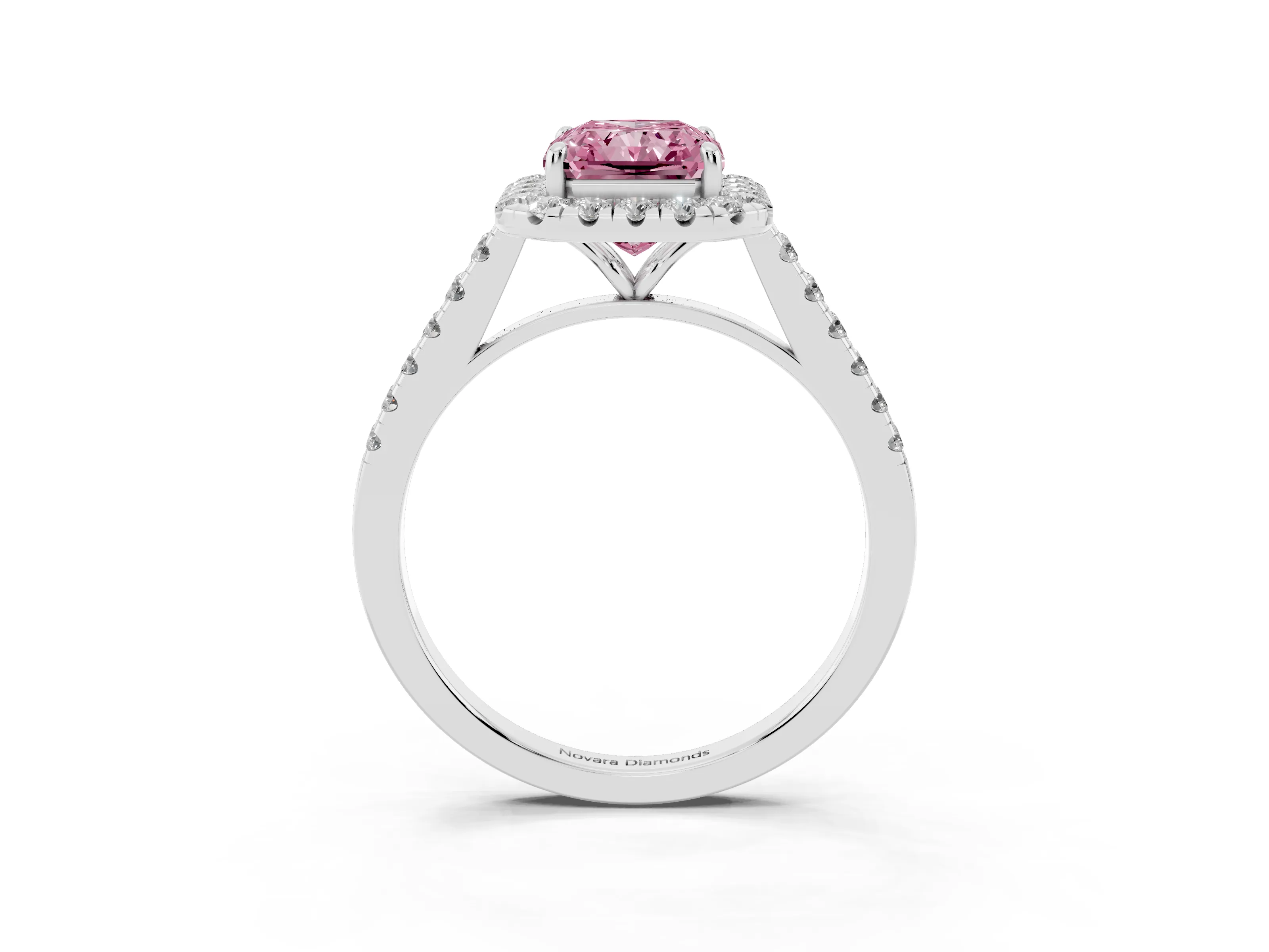 Fancy Pink Radiant Cut Diamond Halo Pavé Engagement Ring Set in Silver with Prong Setting