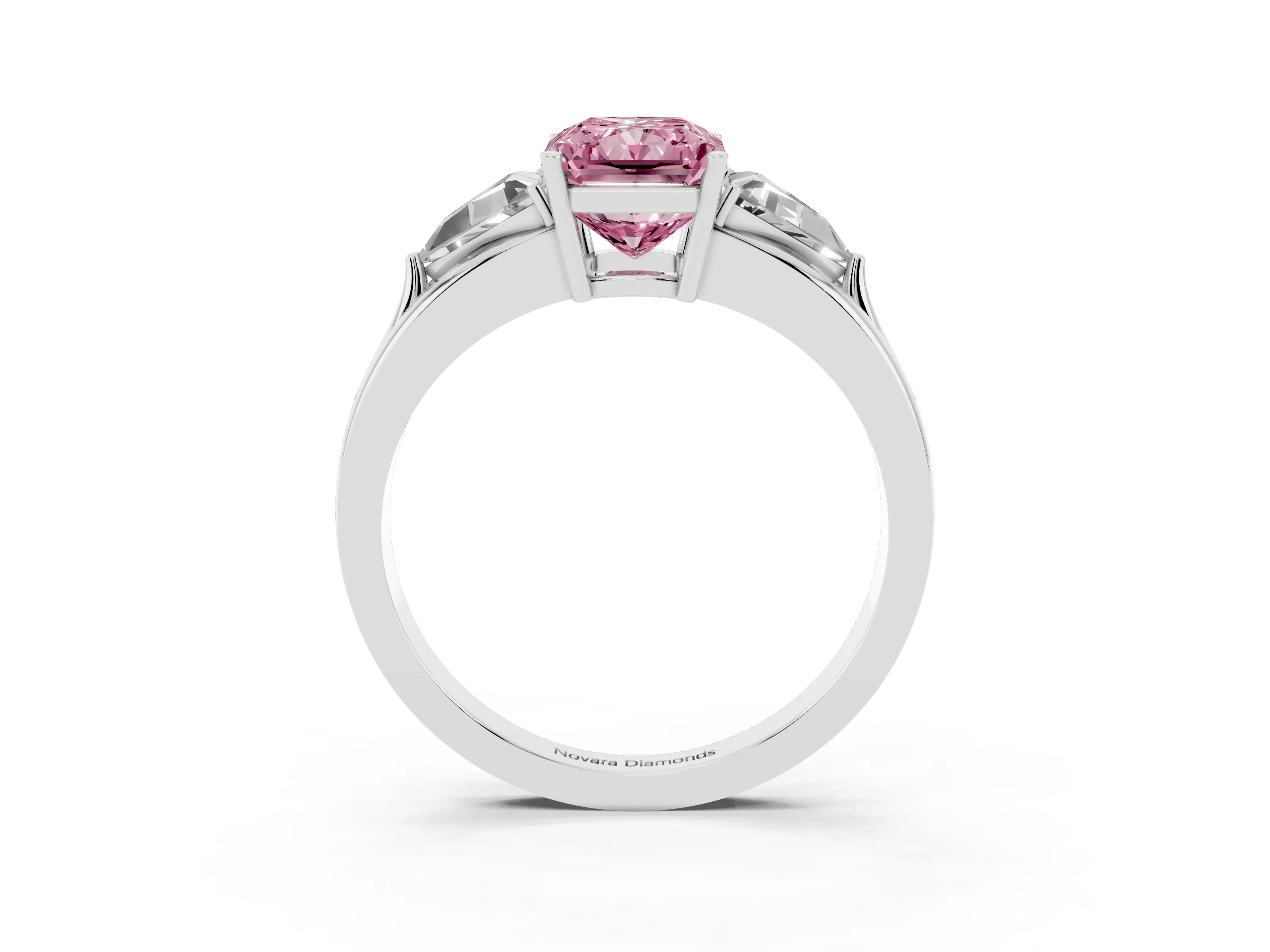 Fancy Pink Radiant Cut Diamond Three-Stone Ring Set in Silver with Trillion Side Stones and Split Shank