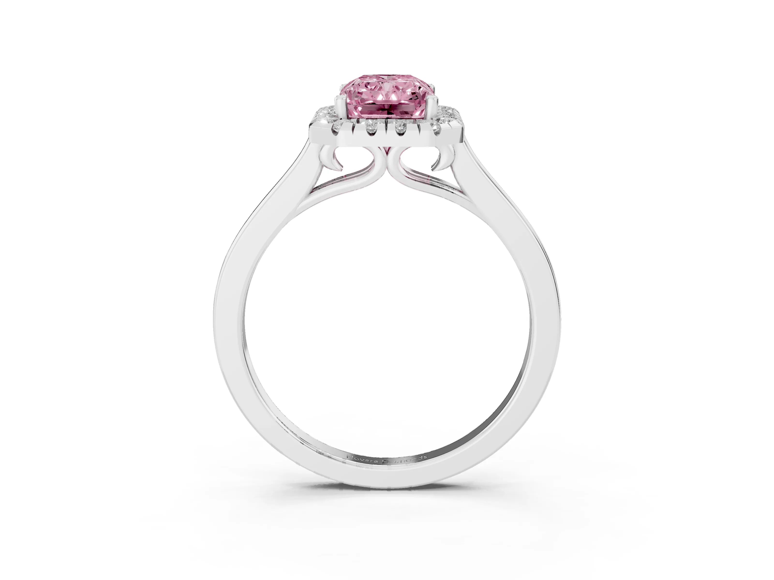Fancy Pink Radiant Cut Halo Round Diamond Solitaire Ring Set in White gold with Pavé Band and Prong Setting