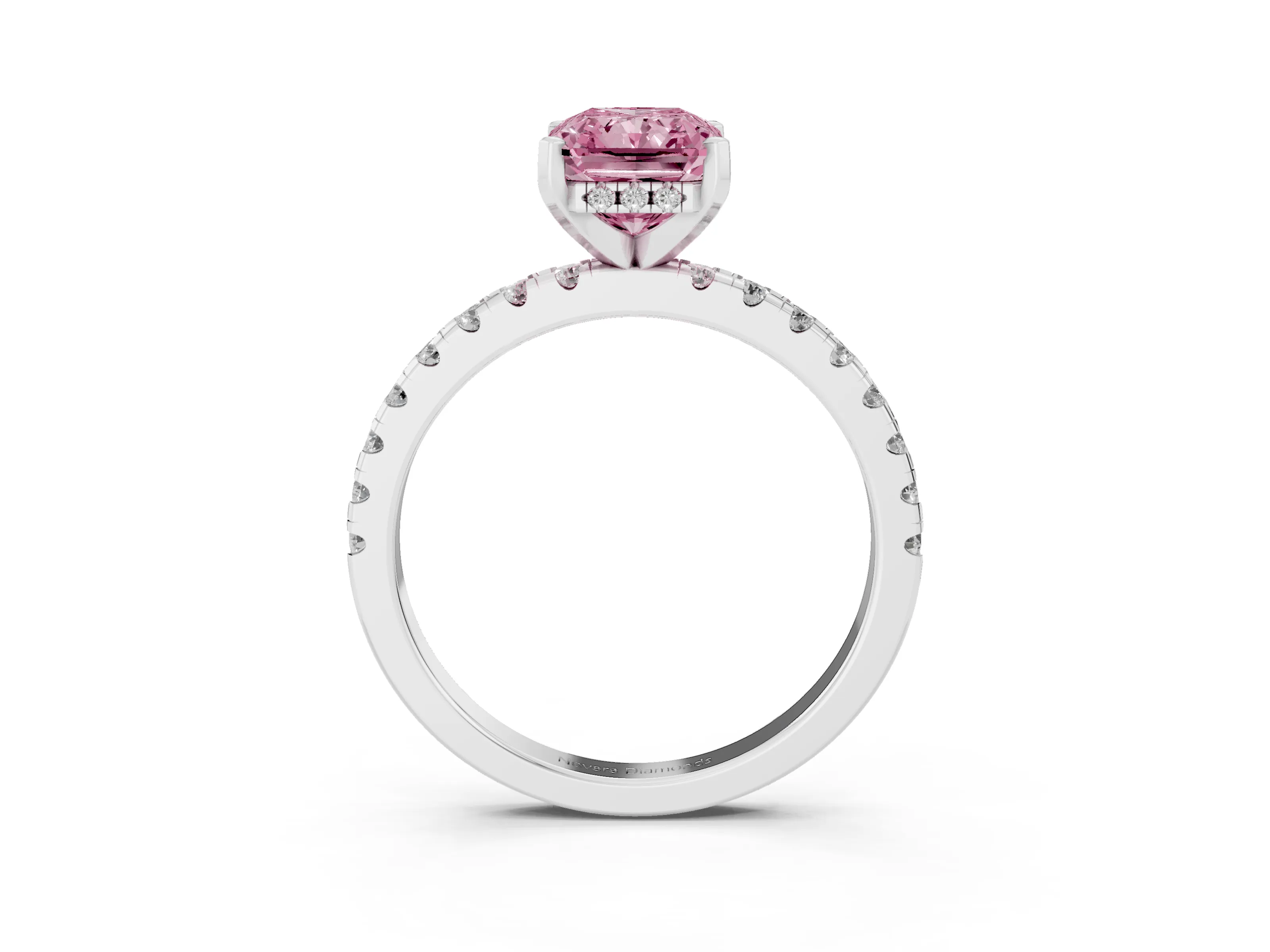Fancy Pink Radiant Cut Diamond Pavé Solitaire Ring Set in White gold with Round Band Accents and Prong Setting