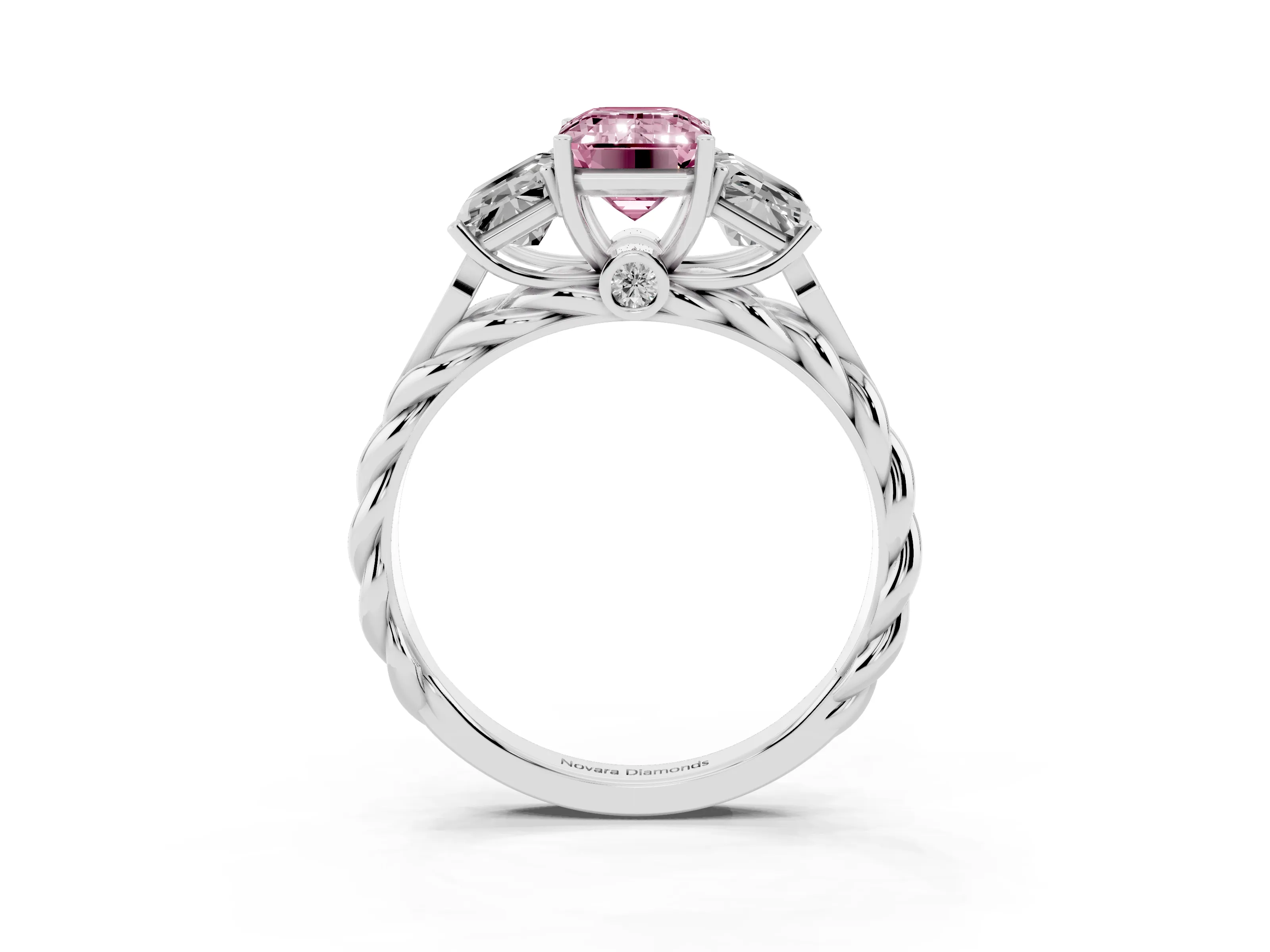 Fancy Pink Radiant Cut Diamond Three-Stone Ring Set in Platinum with Braided Band