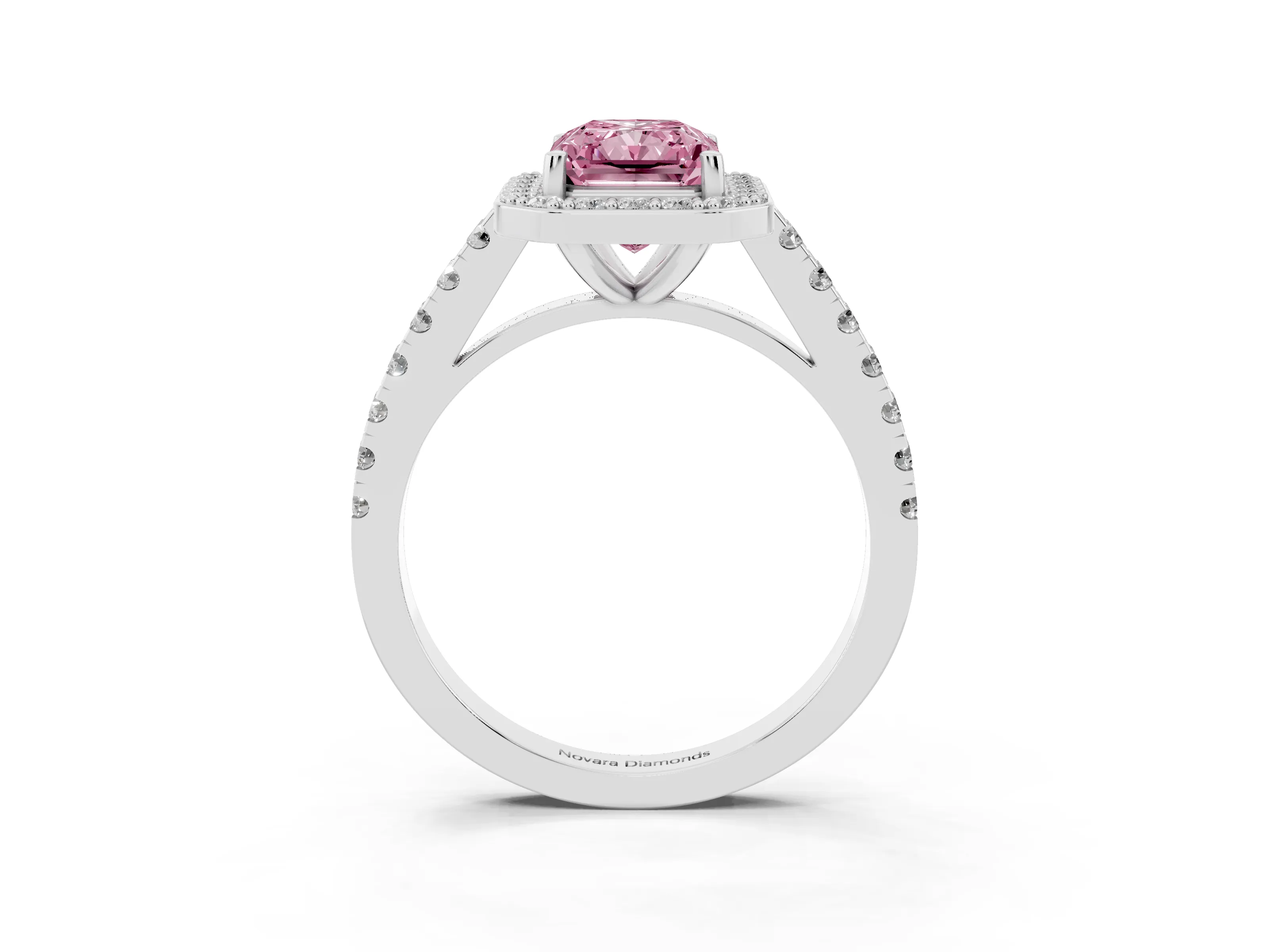 Fancy Pink Radiant Cut Diamond Halo Ring Set in White gold with Round Pavé Split Shank and Prong Setting