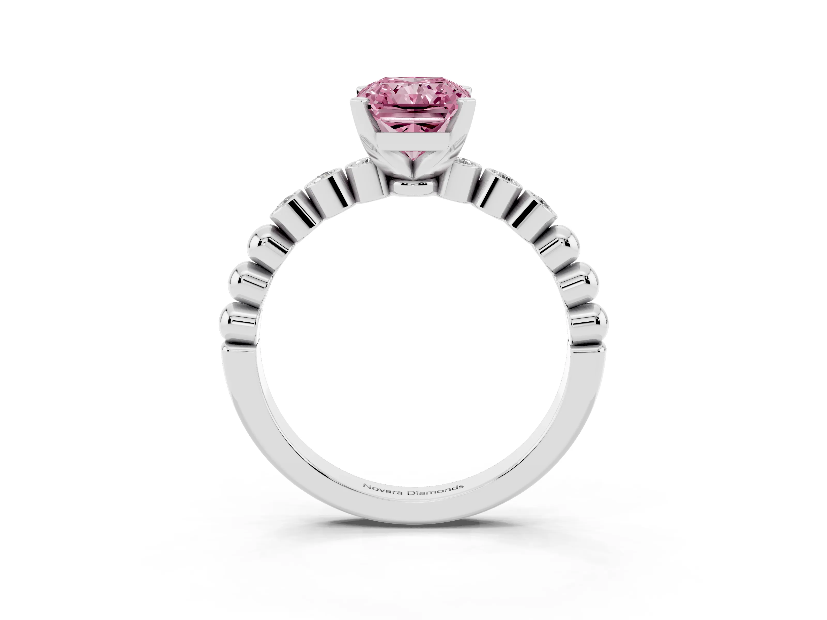Fancy Pink Radiant Cut Diamond Solitaire Engagement Ring Set in White gold with Bezel Accents on Beaded Band