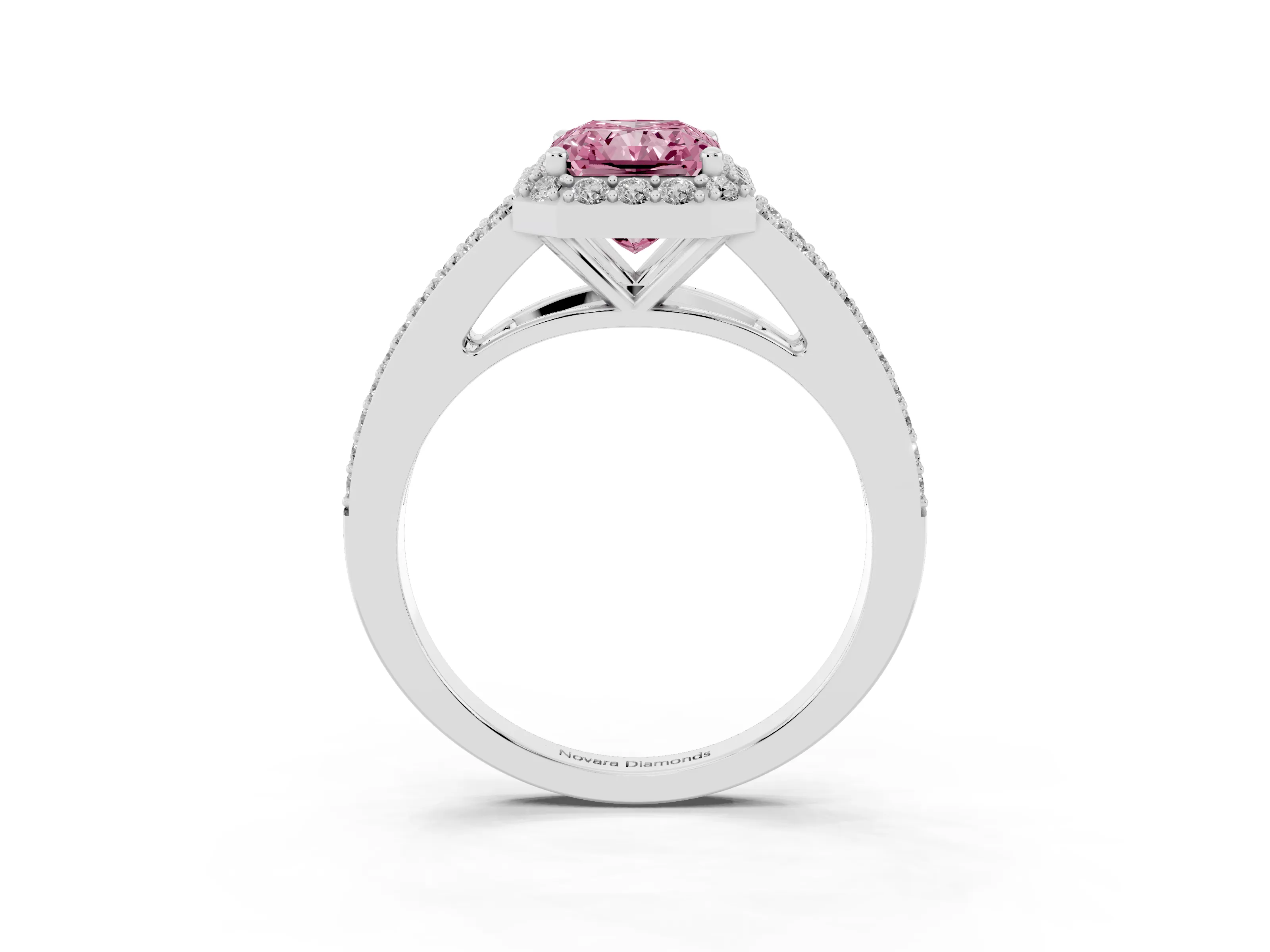 Fancy Pink Radiant Cut Diamond Halo Split Shank Pavé Ring Set in Silver with Prong Setting
