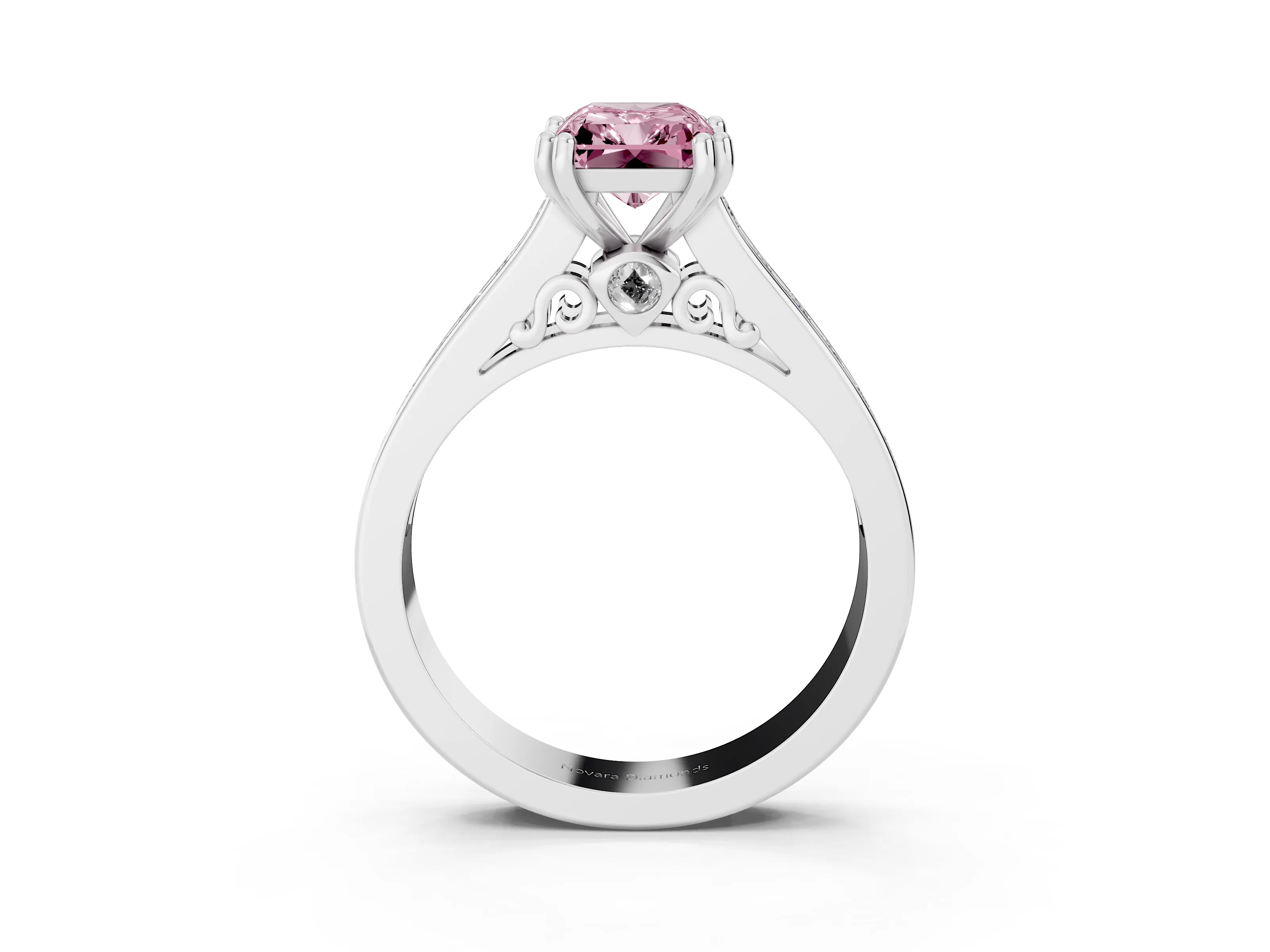 Fancy Pink Radiant Cut Diamond Channel Set Solitaire Engagement Ring Set in Platinum with Prong Setting