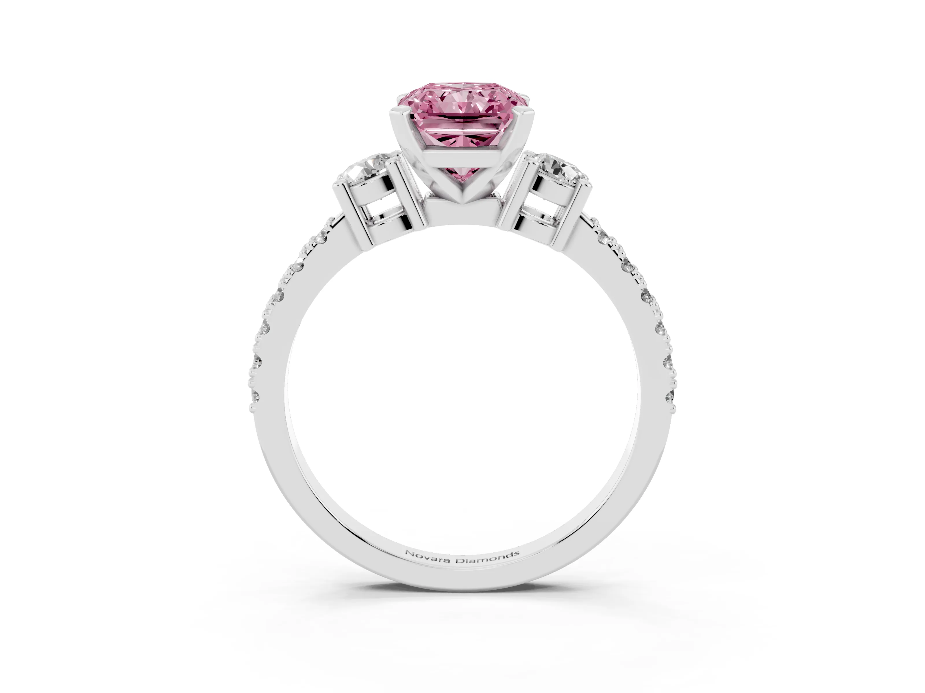 Fancy Pink Three-Stone Radiant Cut Diamond Pavé Band Ring Set in White gold with Prong Setting