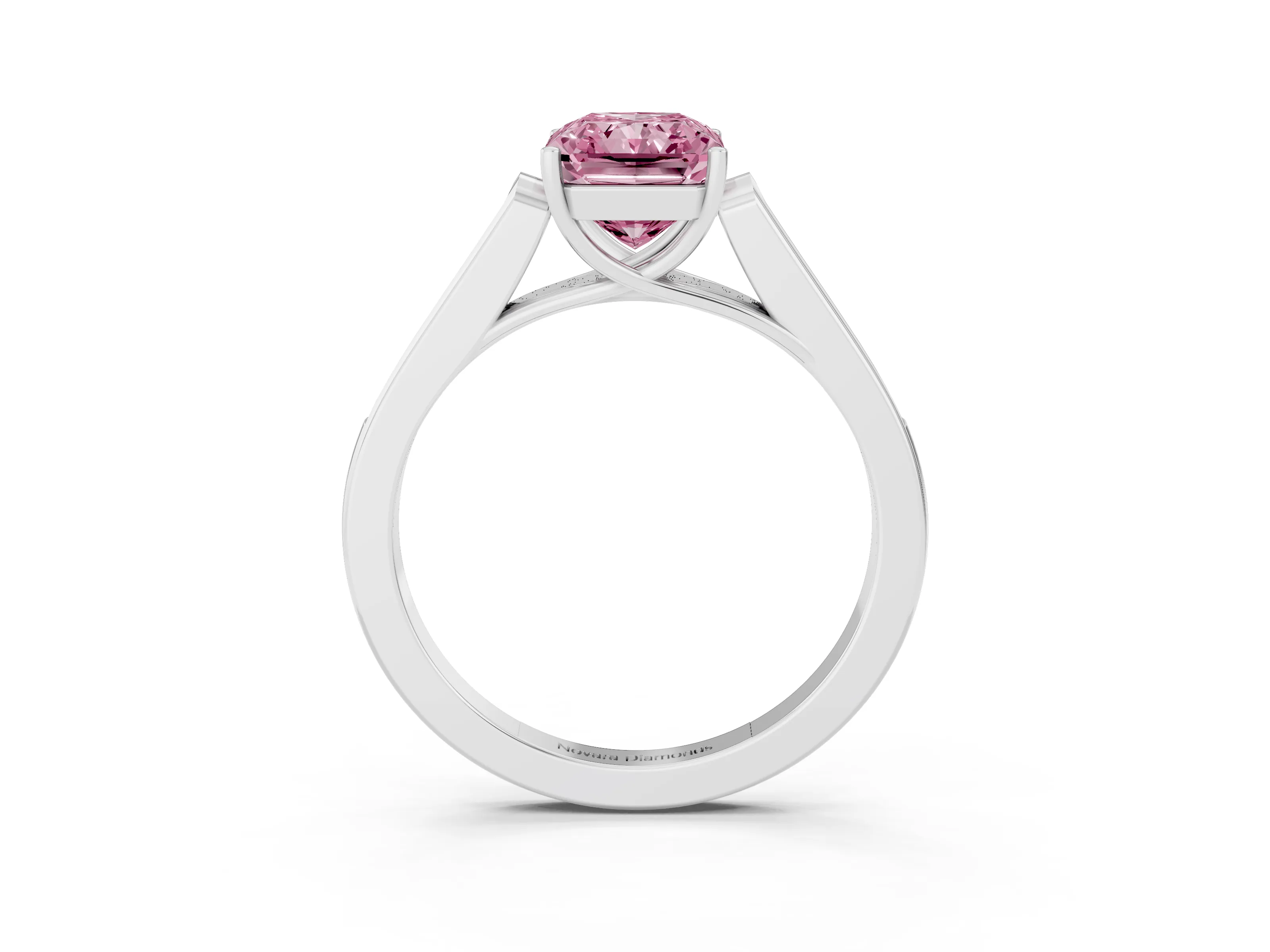 Fancy Pink Radiant Cut Diamond Solitaire Cathedral Engagement Ring Set in Platinum with Channel-Set Band and Prong Setting