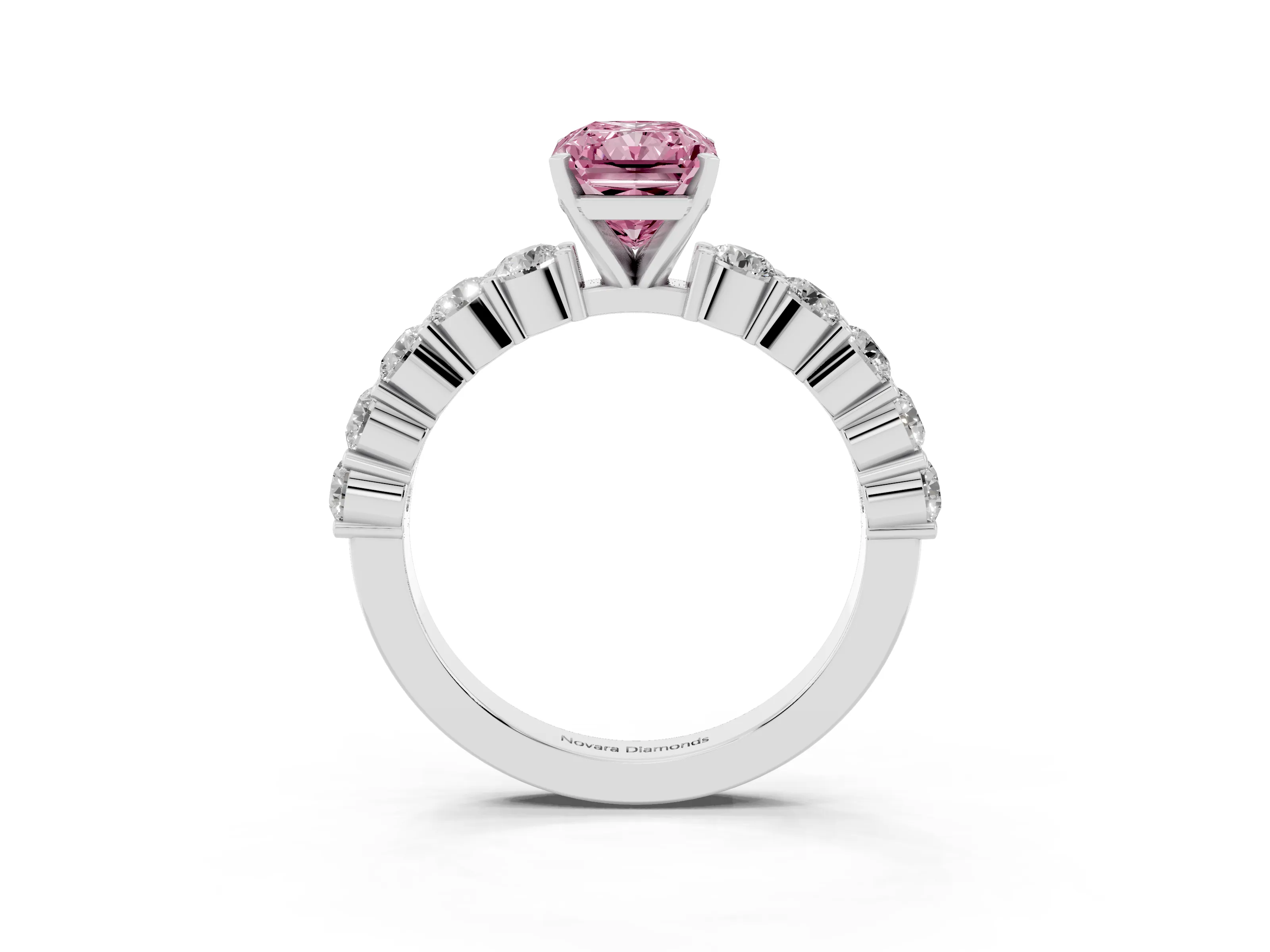 Fancy Pink Radiant Cut Diamond Solitaire Ring Set in Silver with Shared Prong Round Side Stones