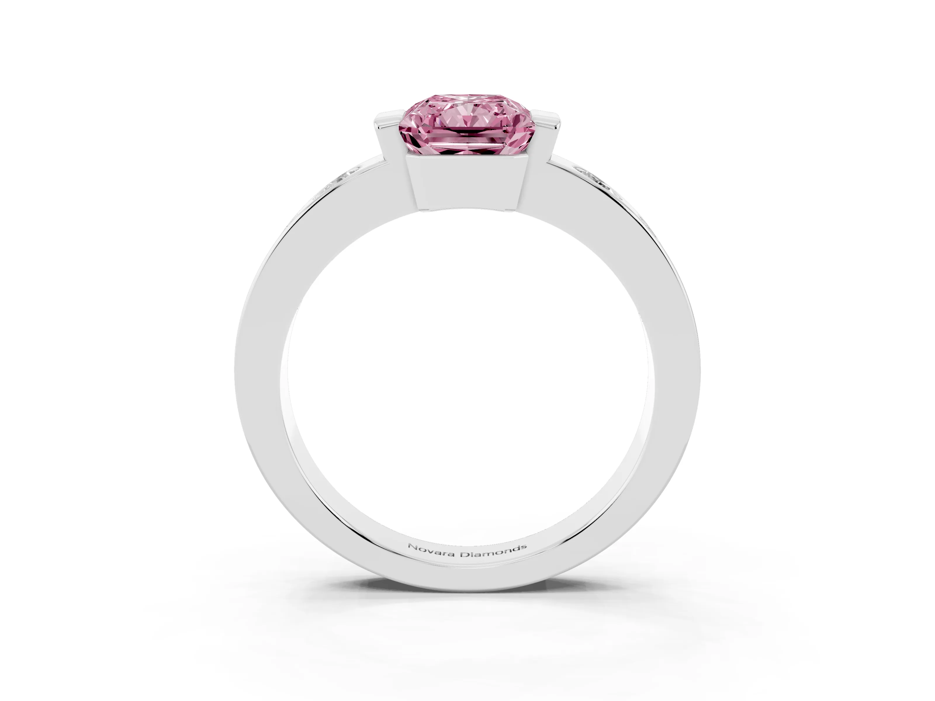 Fancy Pink Radiant Cut Diamond Channel-Set Band Ring Set in Silver with Bezel Prong Setting