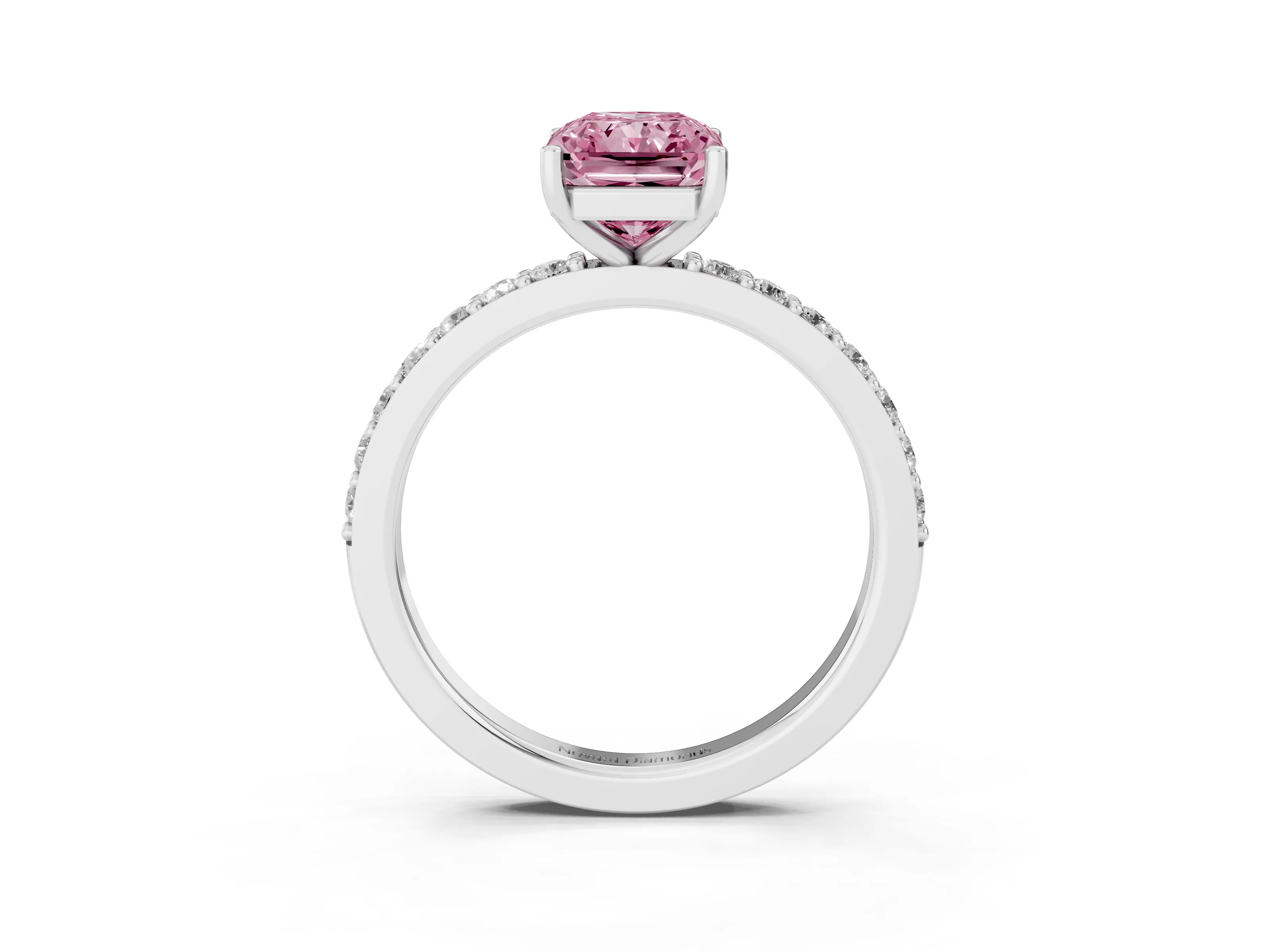 Fancy Pink Radiant Cut Diamond Solitaire Set in White gold with Round Pavé Band and Prong Setting