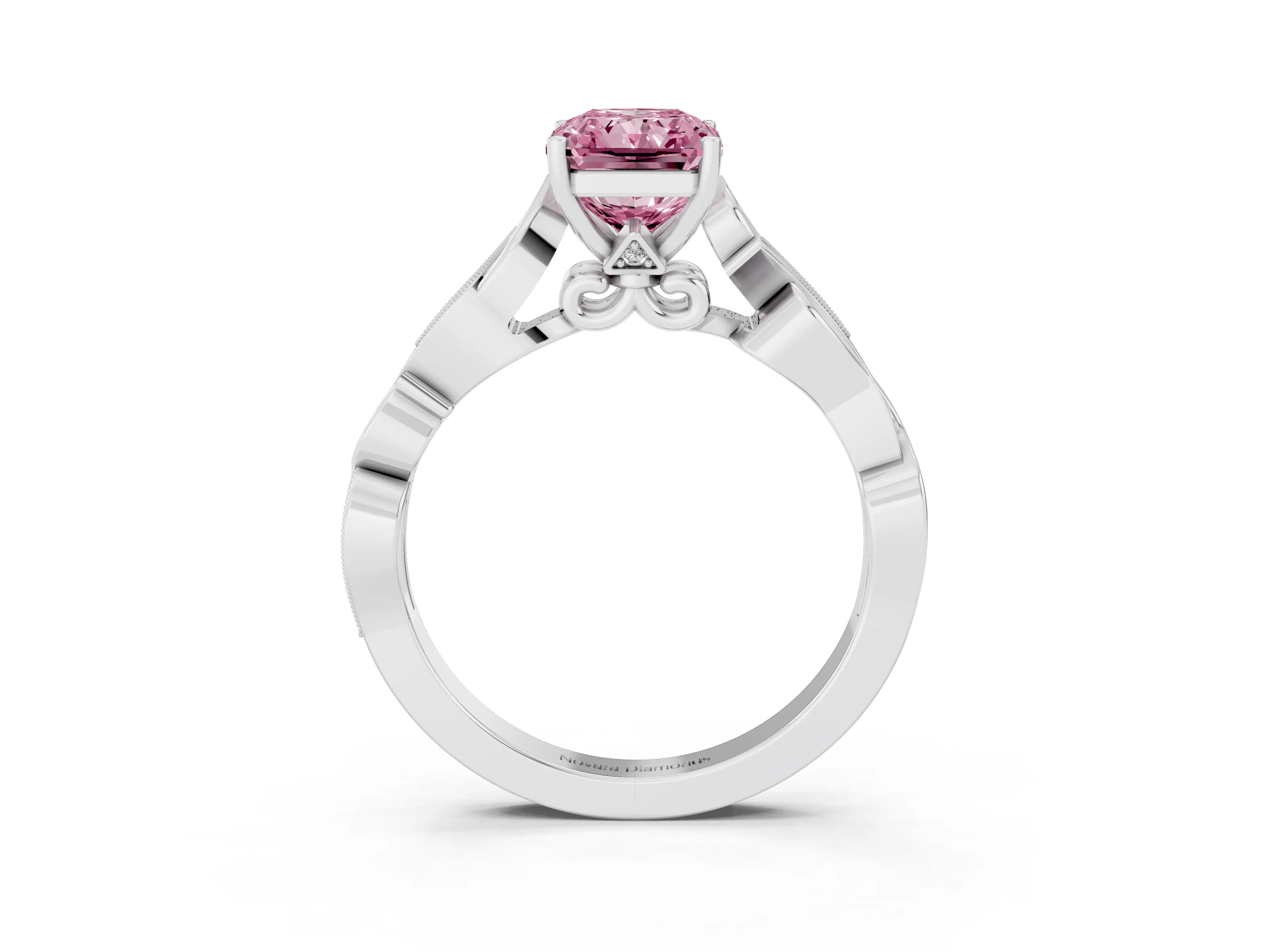 Fancy Pink Radiant Cut Diamond Vine Band Solitaire Ring Set in Platinum with Milgrain Prong Setting