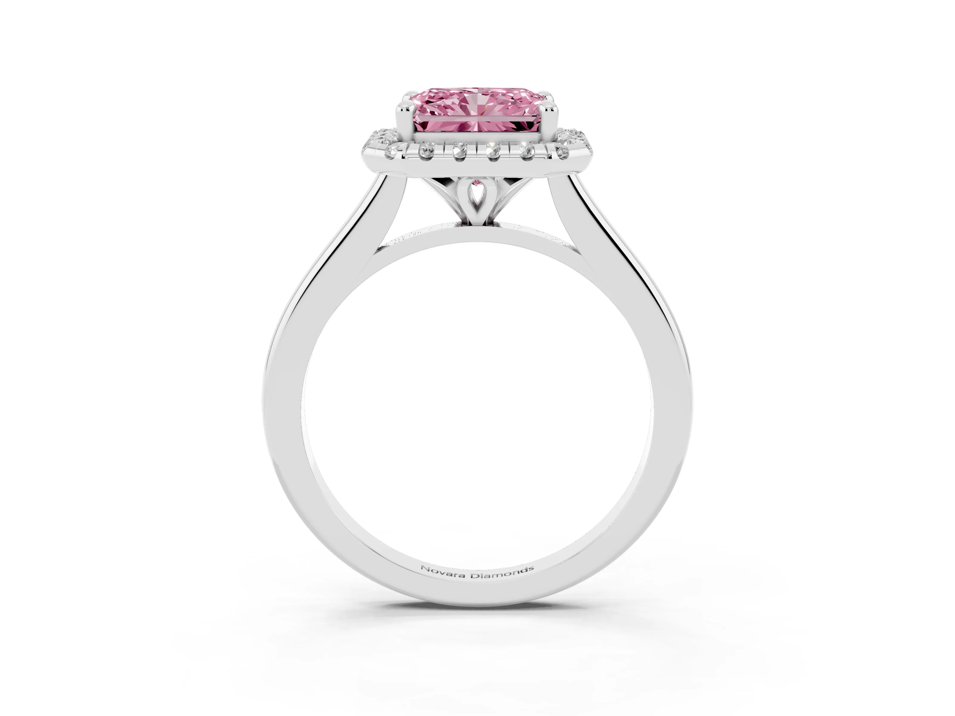 Fancy Pink Radiant Cut Diamond Halo Engagement Ring Set in White gold with Pavé Band and Rising Shoulders
