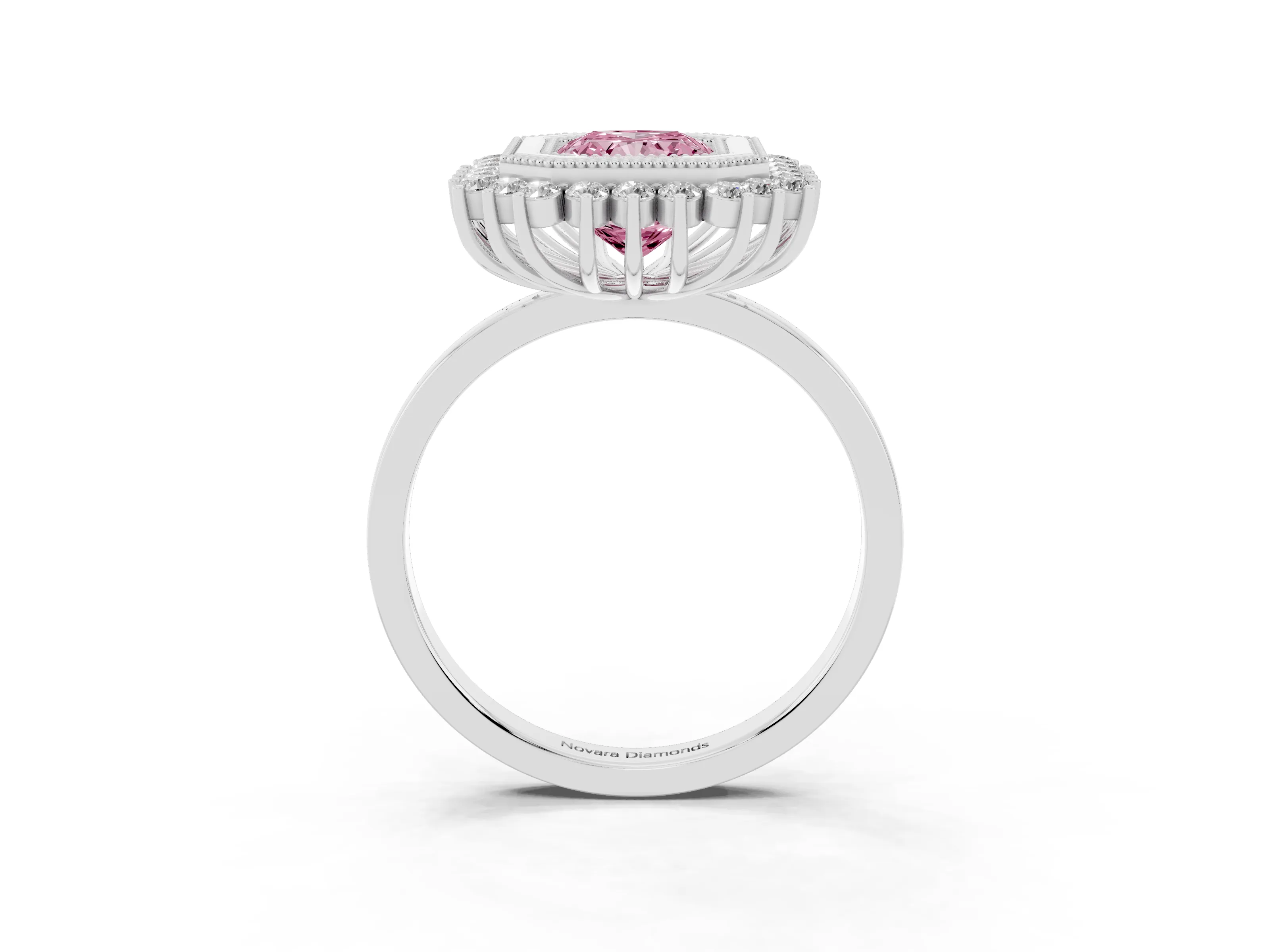 Fancy Pink Radiant Cut Diamond Halo Ring Set in White gold with Milgrain Edge and Round Prong Setting
