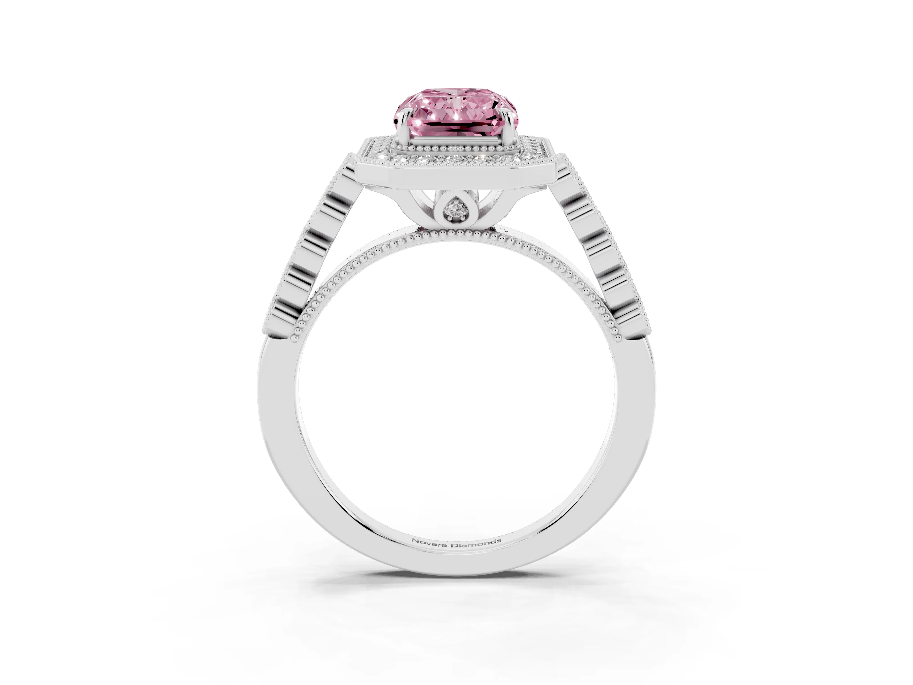 Fancy Pink Radiant Cut Diamond Milgrain Halo Solitaire Ring Set in White gold with Bezel Set Side Stones and Pavé Band