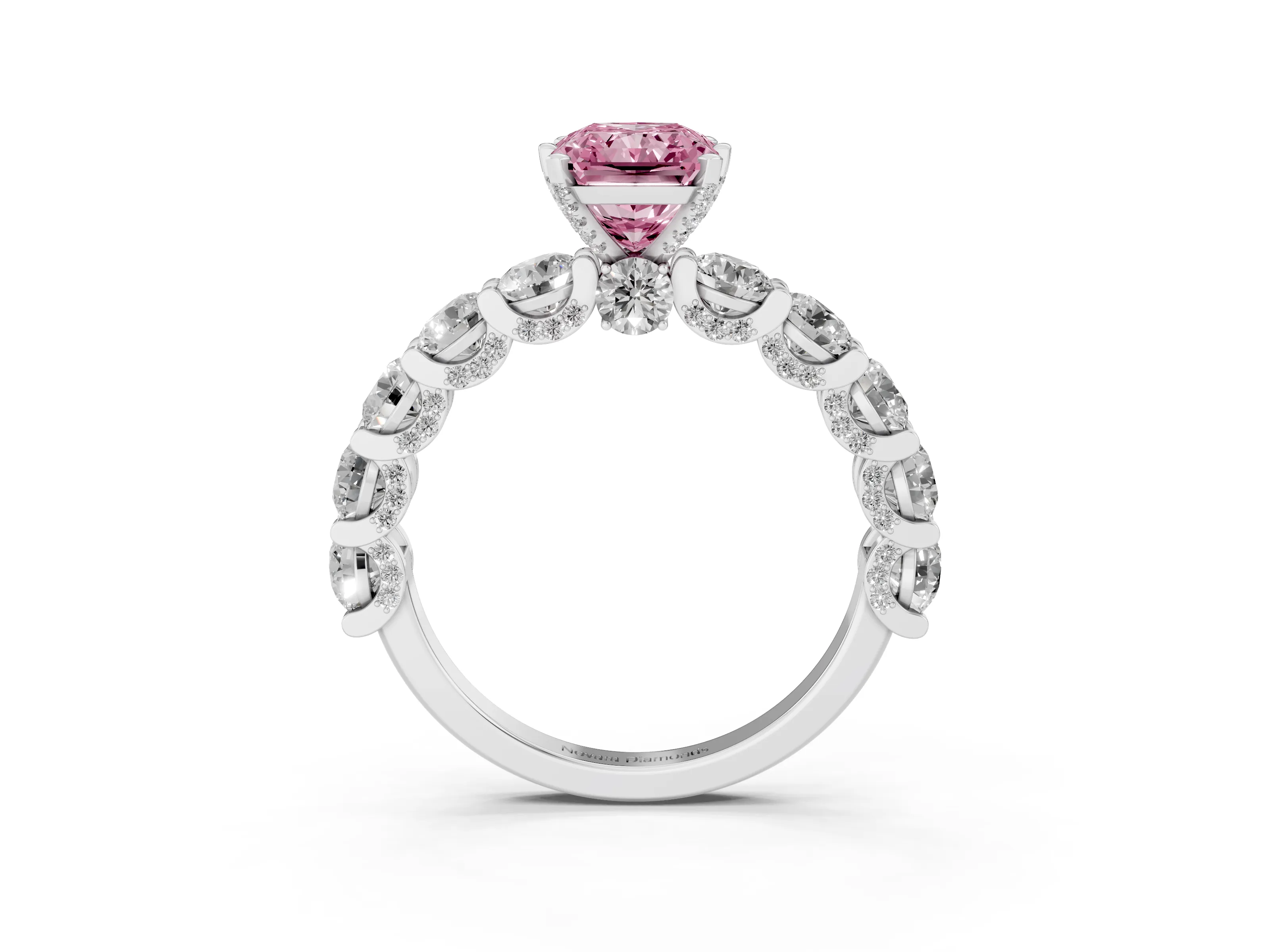 Fancy Pink Radiant Cut Diamond Side Stone Ring Set in Platinum with Alternating Round and Oval Side Stones