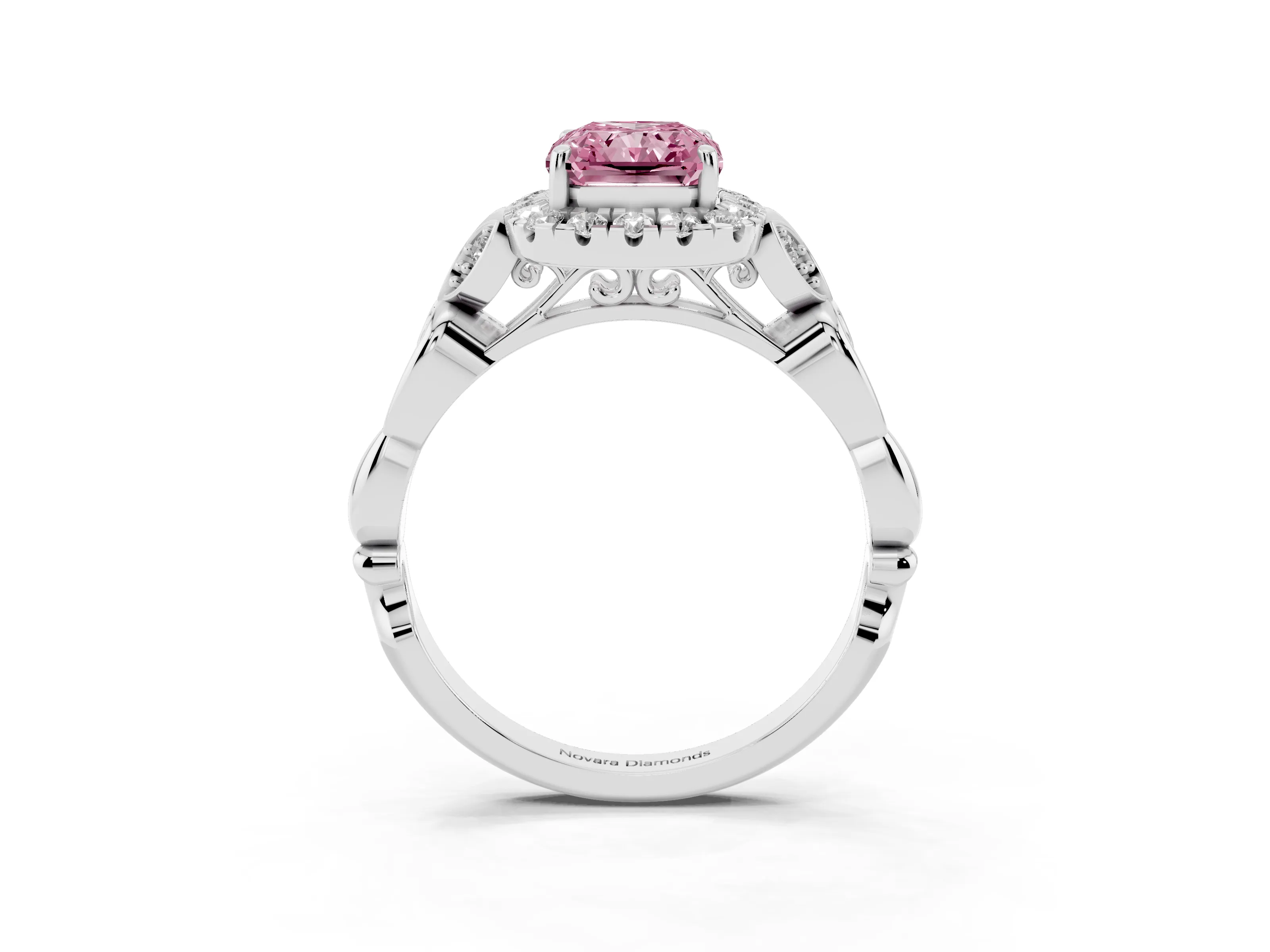 Fancy Pink Radiant Cut Diamond Halo Engagement Ring Set in White gold with Vintage-Inspired Band and Prong Setting