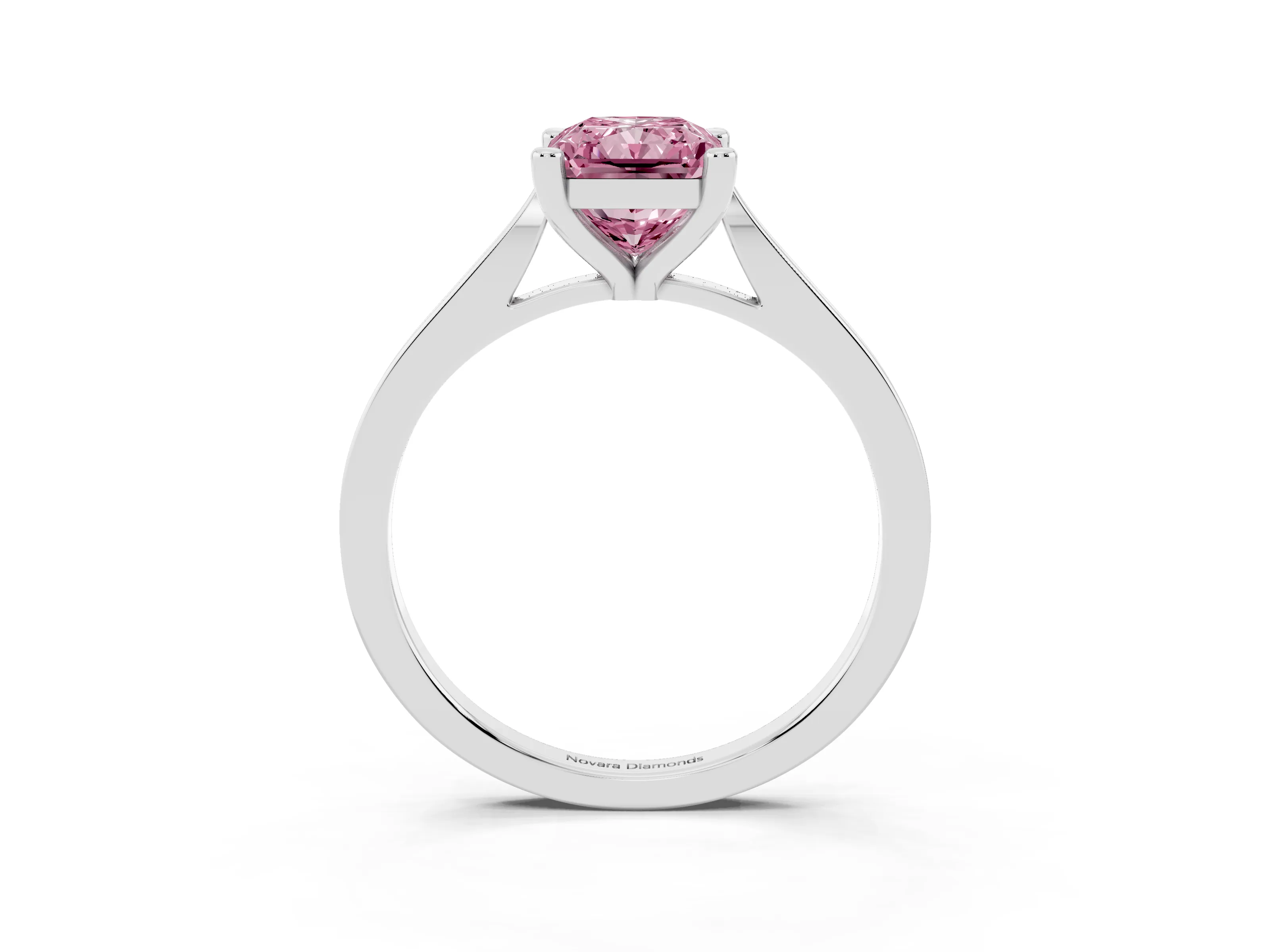 Fancy Pink Radiant Cut Diamond Solitaire Ring Set in Silver with Prong Setting and Tapered Band