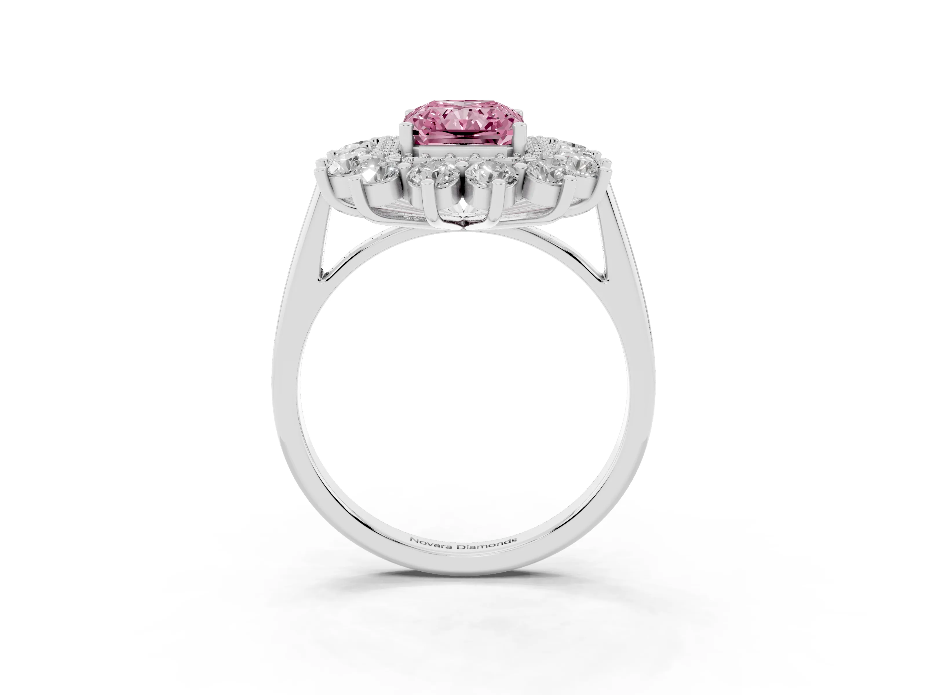 Fancy Pink Radiant Cut Diamond Floral Double Halo Ring Set in Silver with Round Petals