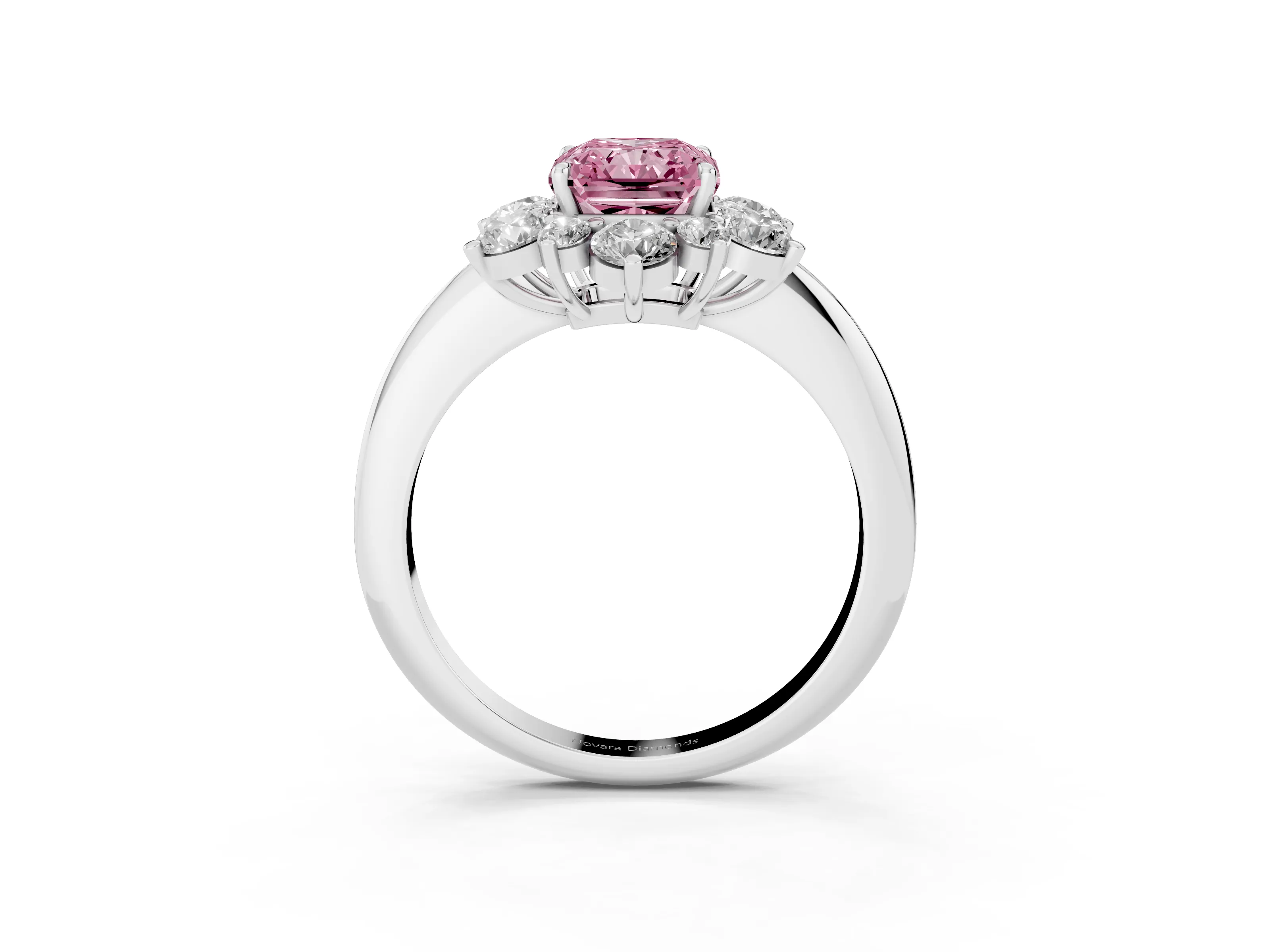 Fancy Pink Radiant Cut Diamond Cluster Halo Ring Set in Silver with Solitaire Band and Prong Setting