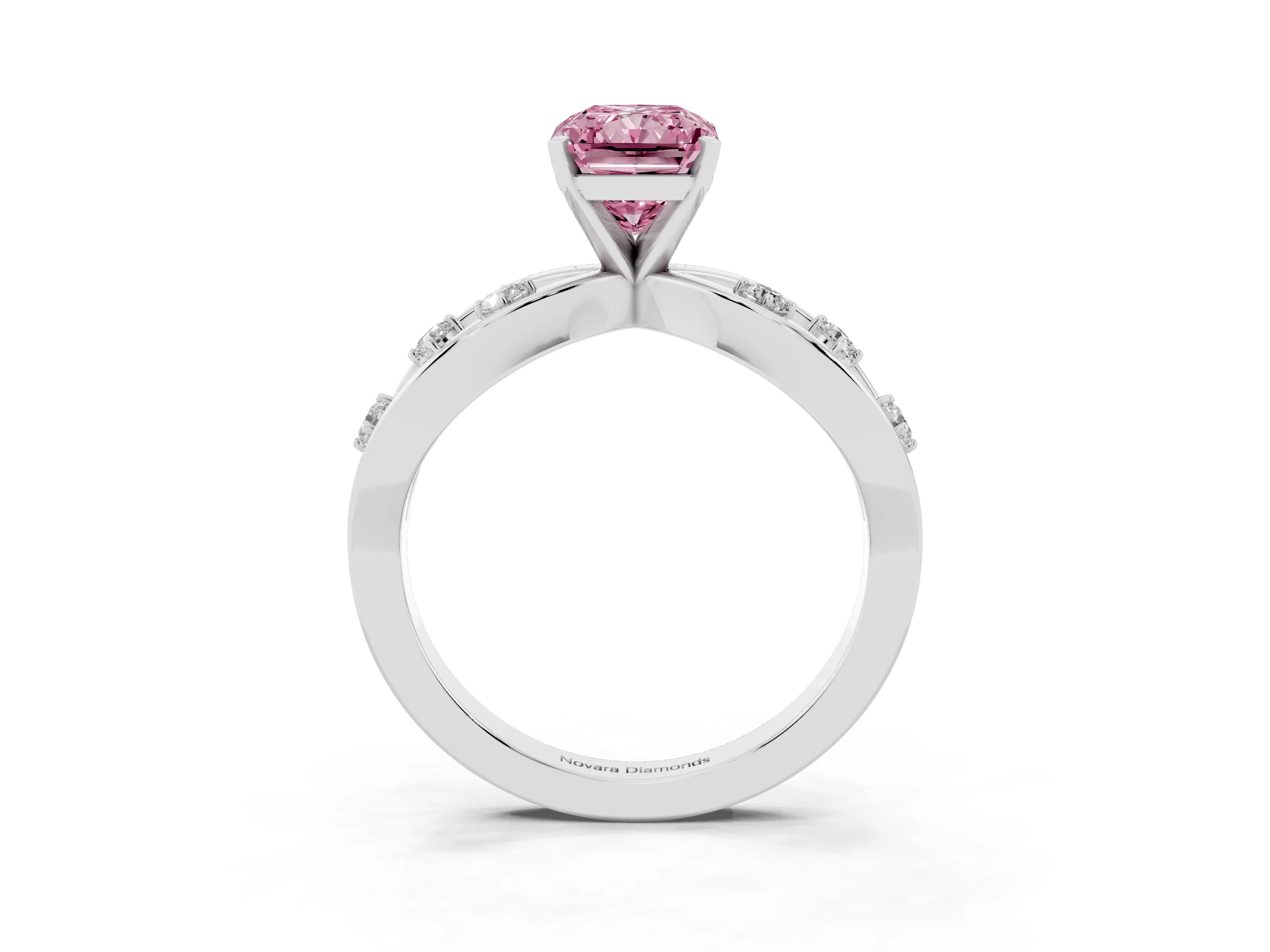 Fancy Pink Radiant Cut Diamond Solitaire Ring Set in Platinum with Side Stones on Criss-Cross Band and Prong Setting