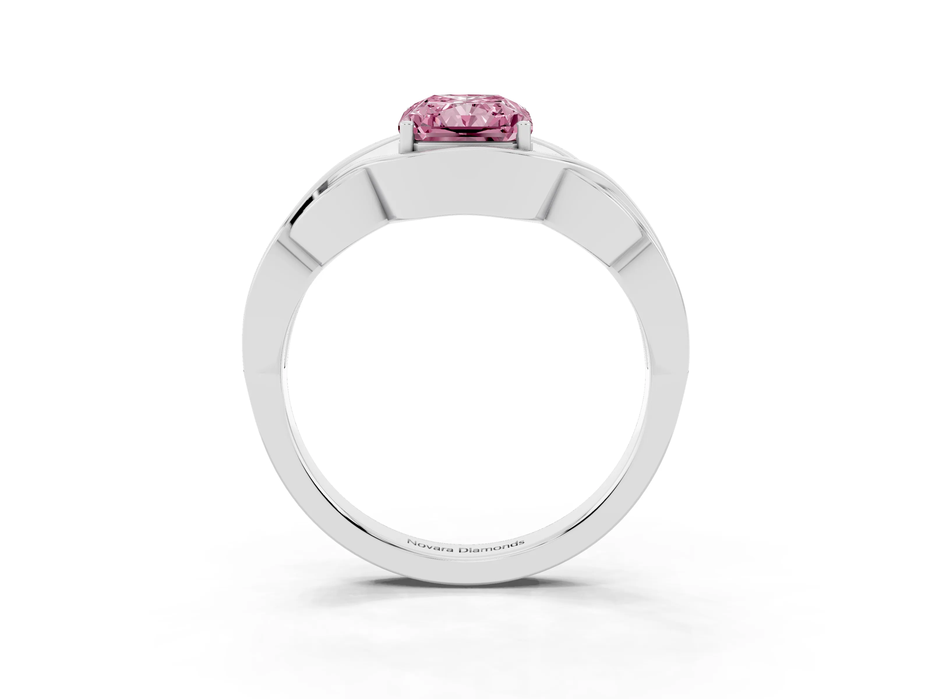 Fancy Pink Radiant Cut Diamond Solitaire Ring Set in White gold with Intertwined Band
