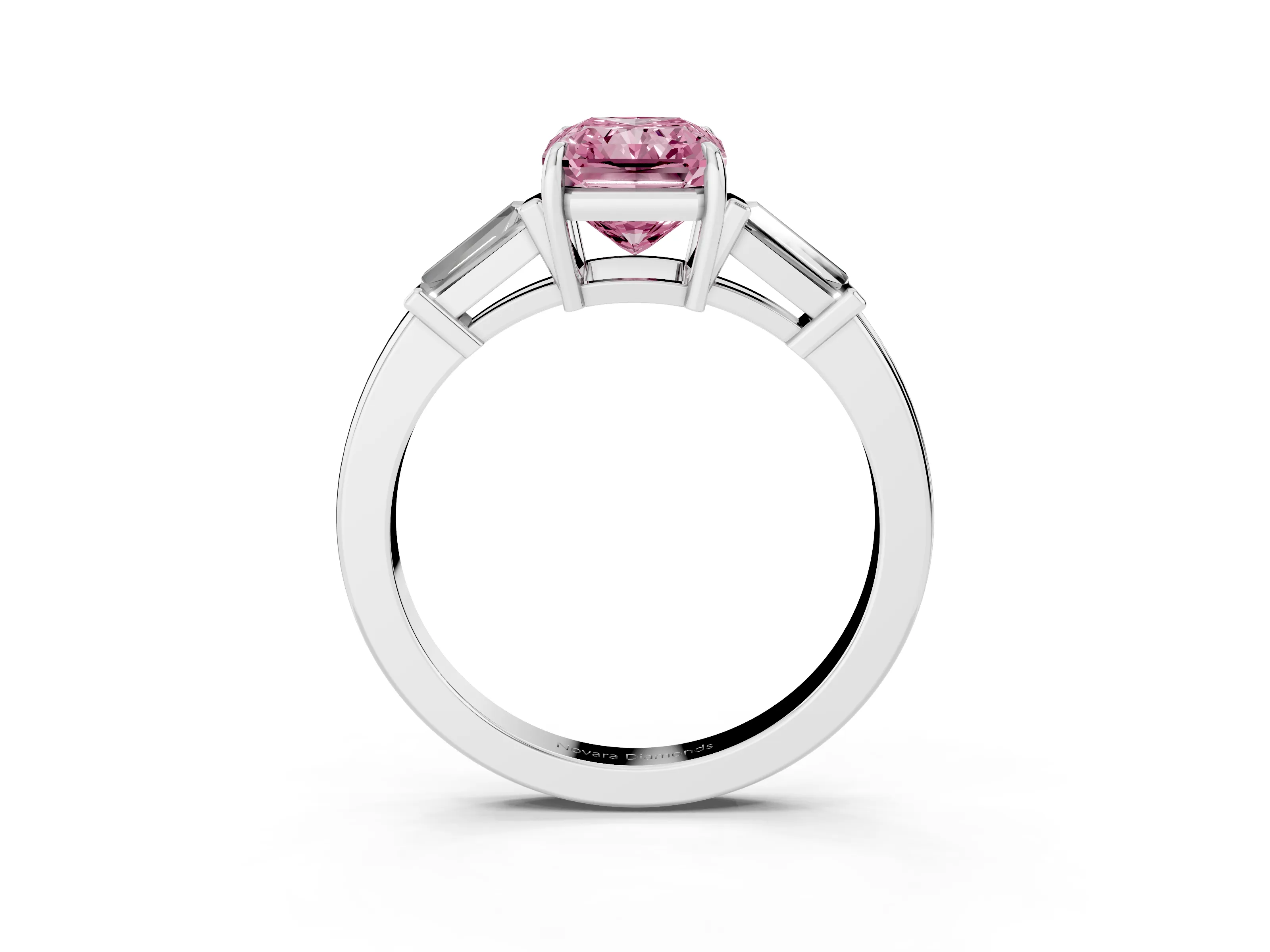 Fancy Pink Radiant Cut Diamond Three-Stone Ring Set in White gold with Tapered Baguette Side Stones and Prong Setting
