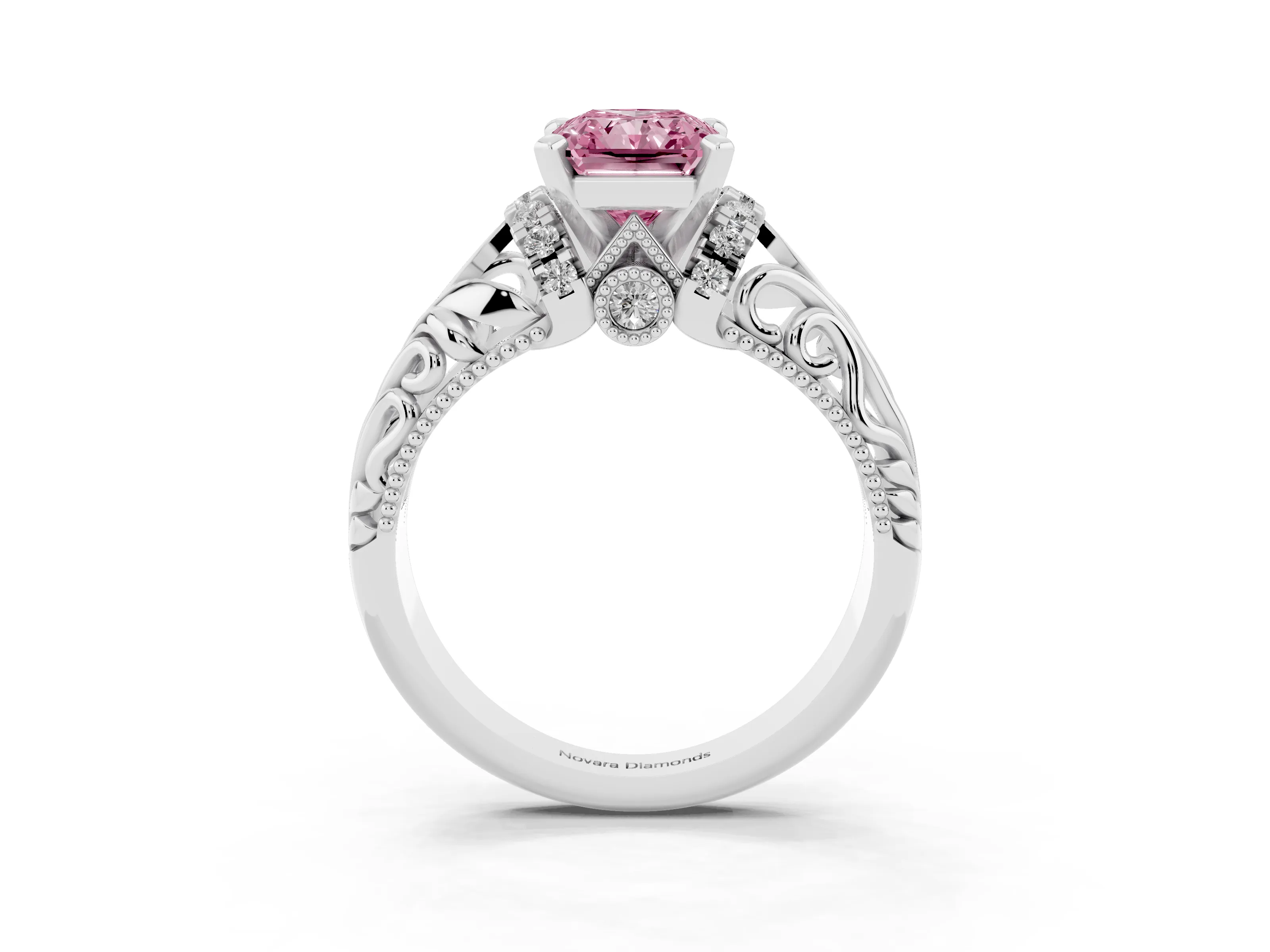 Fancy Pink Radiant Cut Diamond Filigree Halo Engagement Ring Set in White gold with Prong Setting