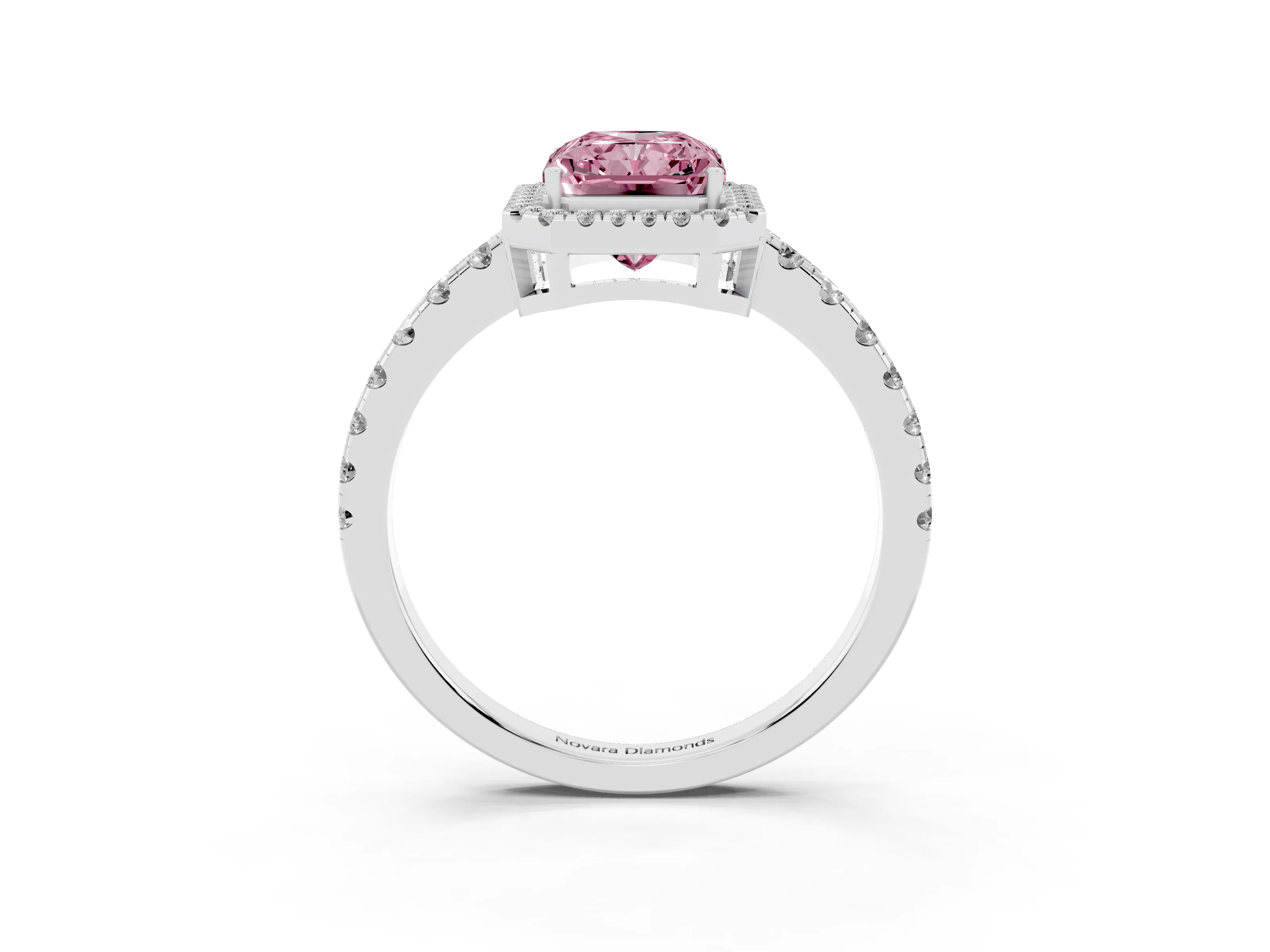 Fancy Pink Radiant Cut Diamond Halo Ring Set in Platinum with Delicate Pavé Band and Prong Setting