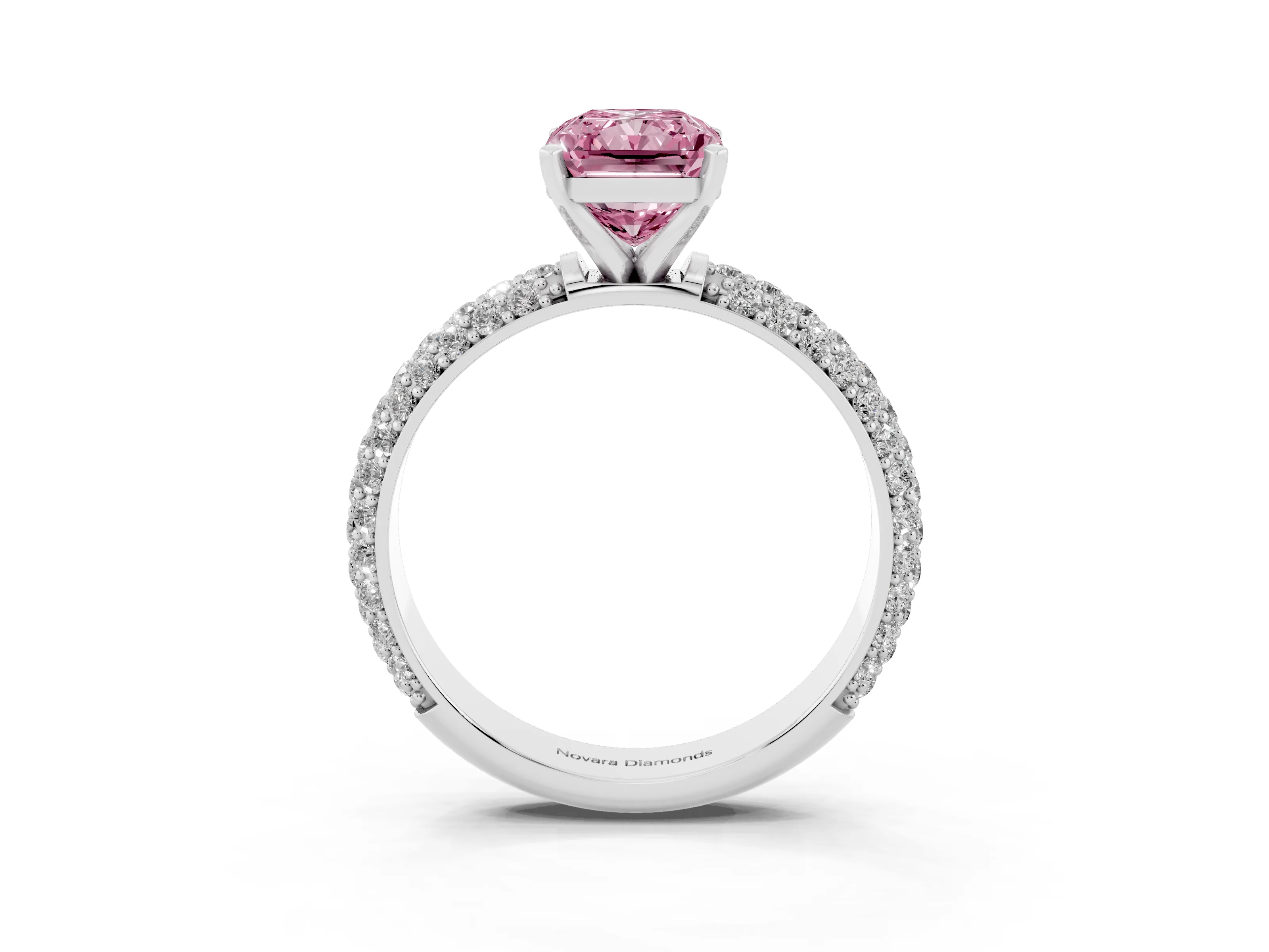 Fancy Pink Radiant Cut Diamond Solitaire Ring Set in Silver with Prong Setting and Pavé-Set Band