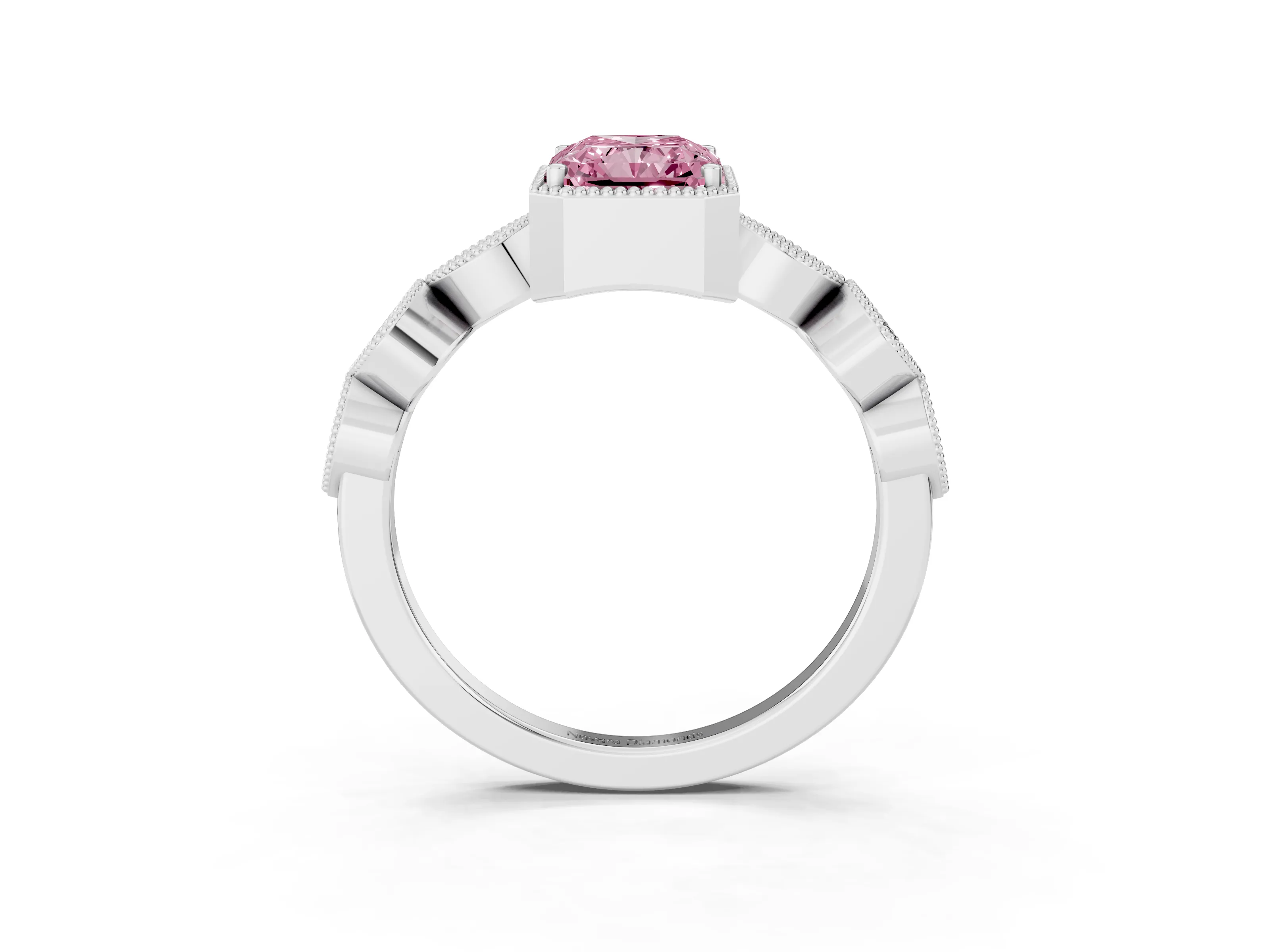 Fancy Pink Radiant Cut Diamond Vintage-Inspired Milgrain Ring Set in Platinum with Marquise Stations of Round Accents
