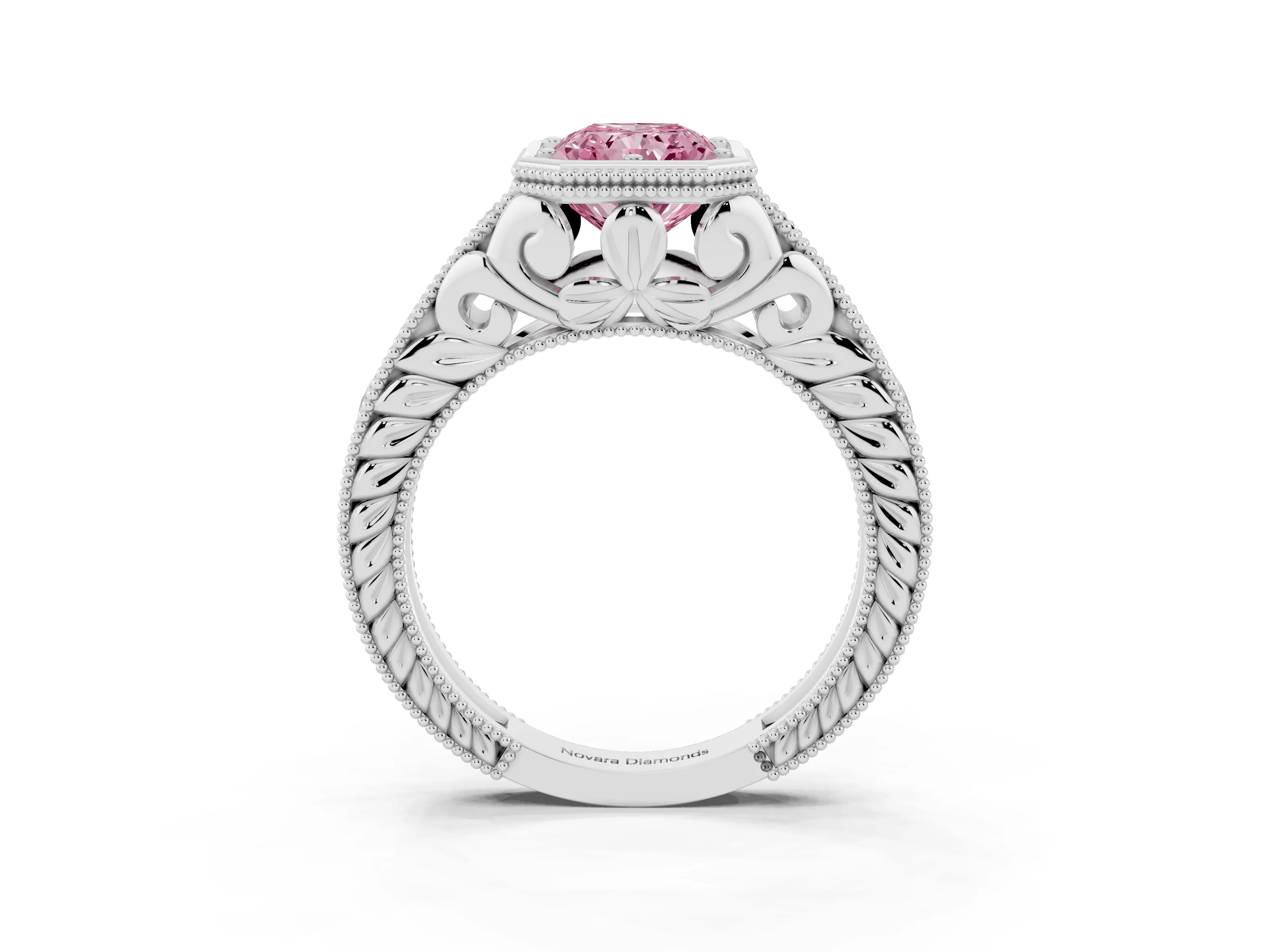 Fancy Pink Bezel Set Radiant Cut Diamond Milgrain Pavé Engagement Ring Set in Silver