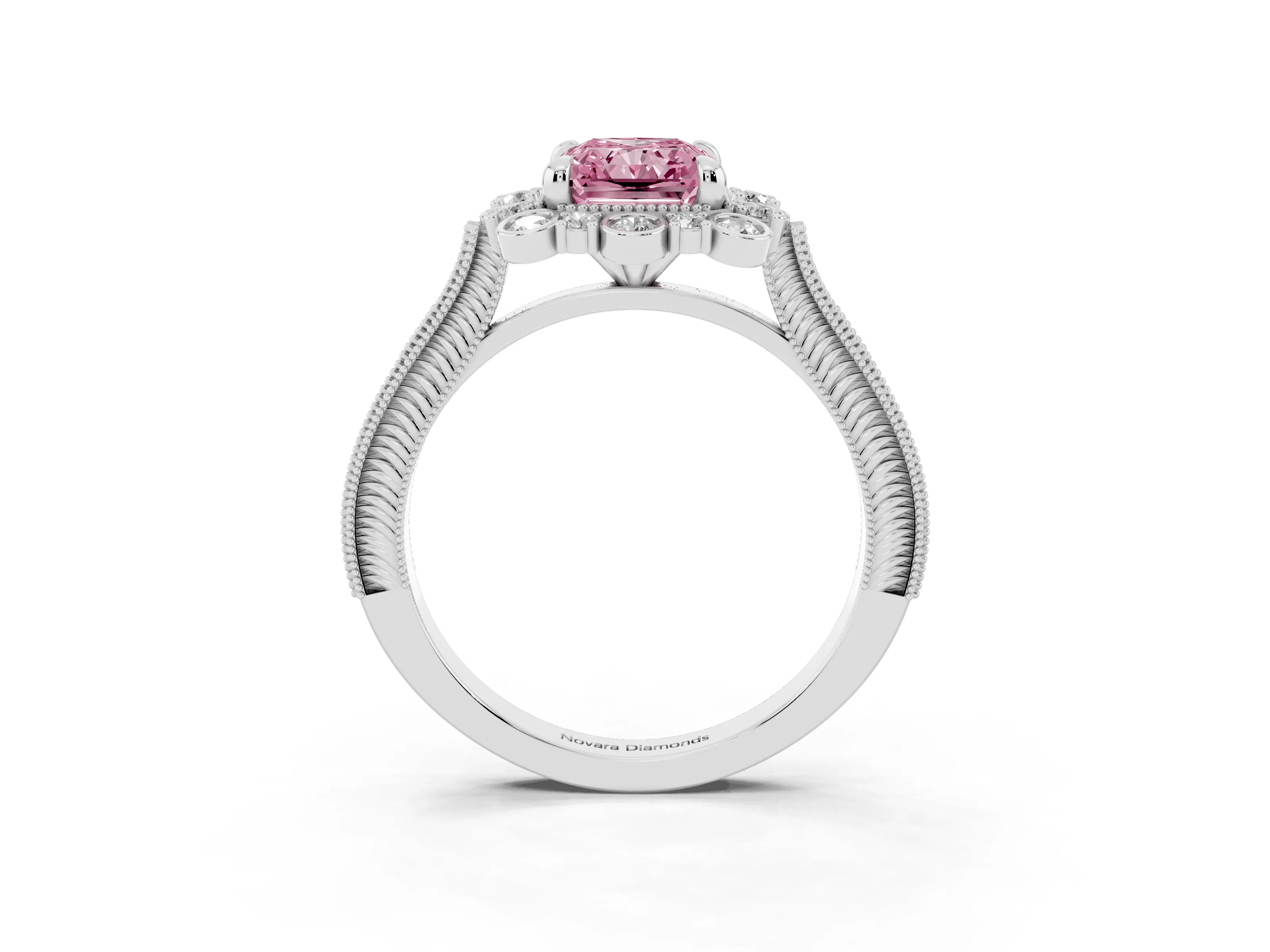 Fancy Pink Radiant Cut Diamond Halo Milgrain Pavé Ring Set in Platinum with Prong Setting