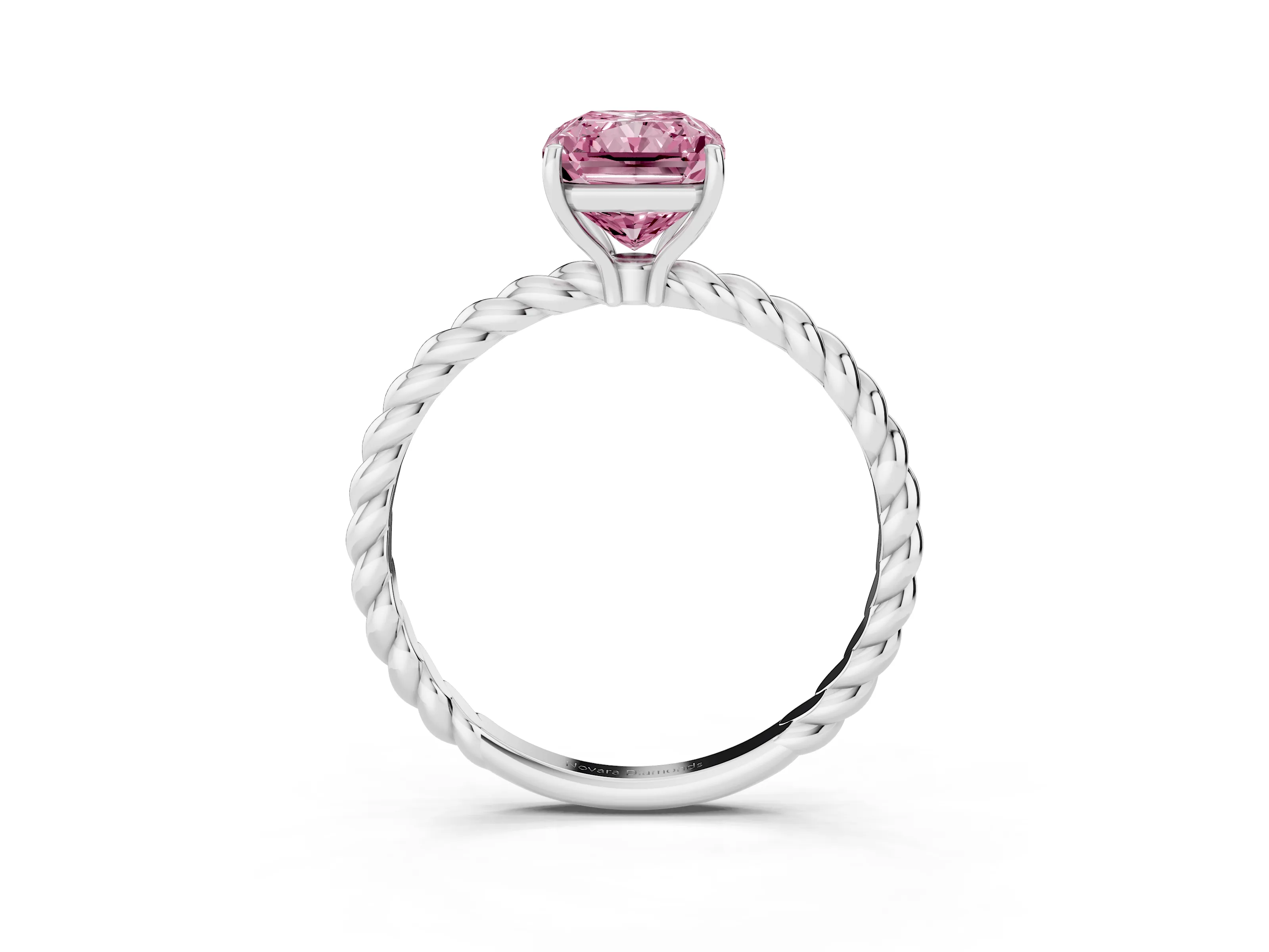 Fancy Pink Radiant Cut Diamond Solitaire Ring Set in White gold with Twist Band and Prong Setting