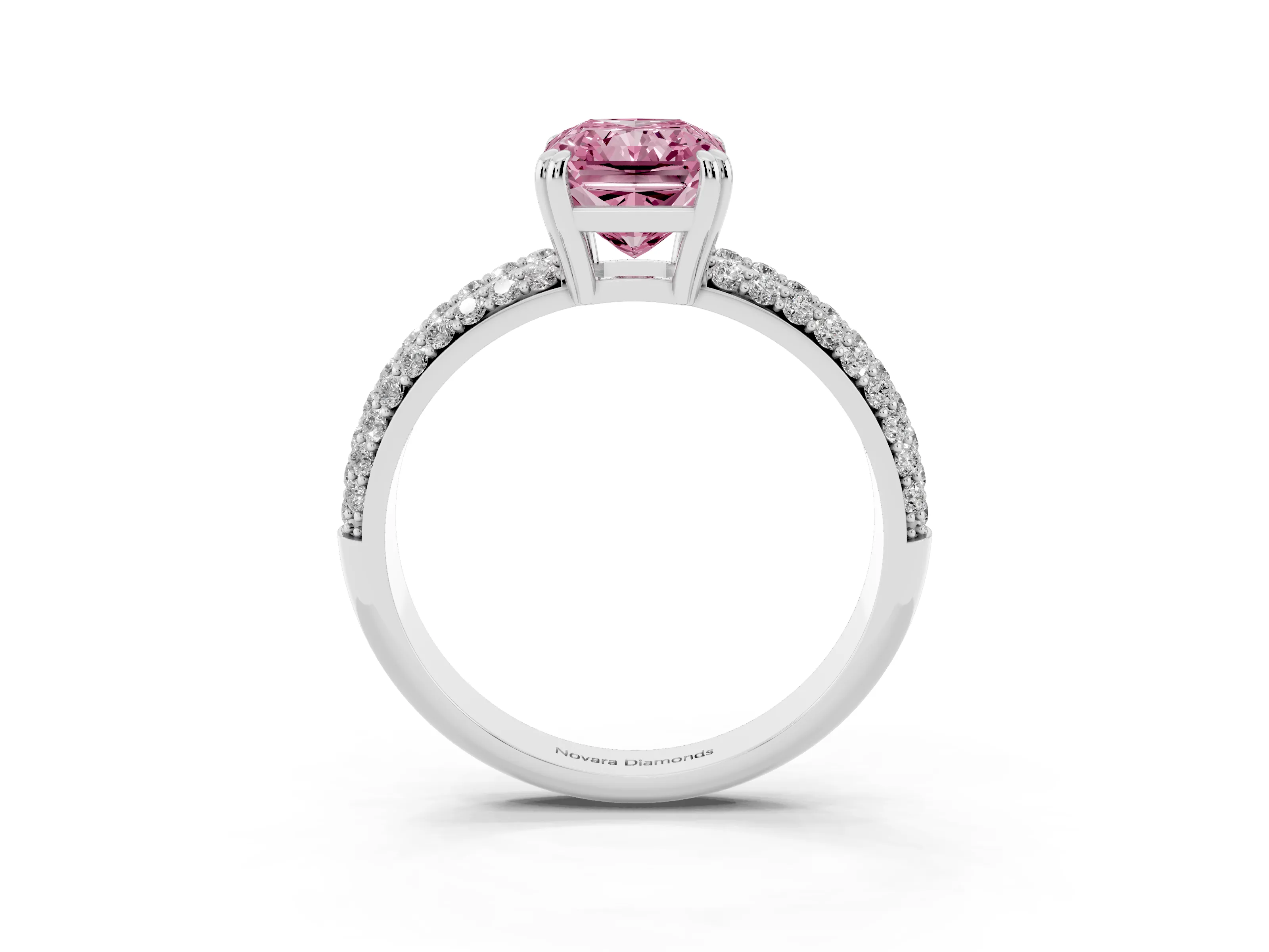 Fancy Pink Radiant Cut Diamond Solitaire Ring Set in Platinum with Multi-Row Round Pavé Band and Prong Setting