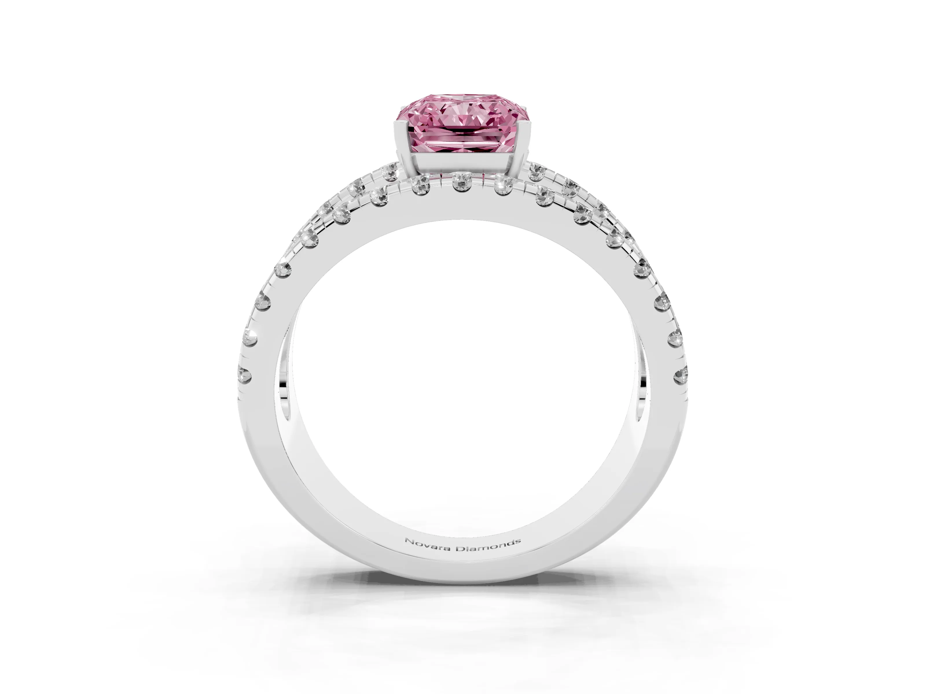 Fancy Pink Radiant Cut Diamond Split Shank Pavé Solitaire Ring Set in Platinum with Open Shank Design
