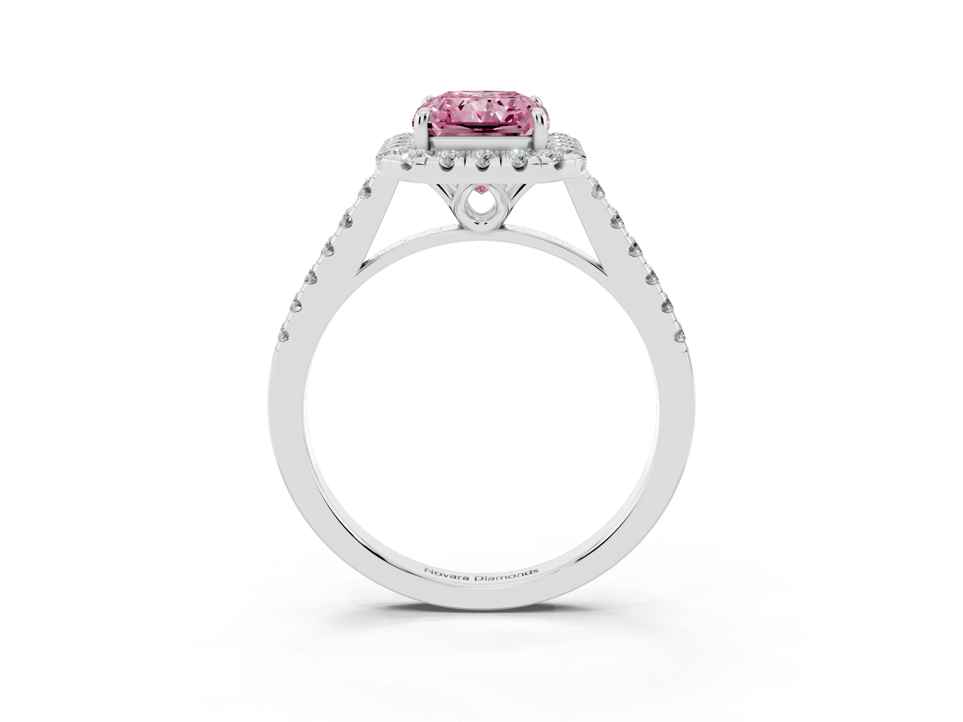 Fancy Pink Radiant Cut Diamond Pavé Halo Engagement Ring Set in White gold with Pavé Band and Prong Setting